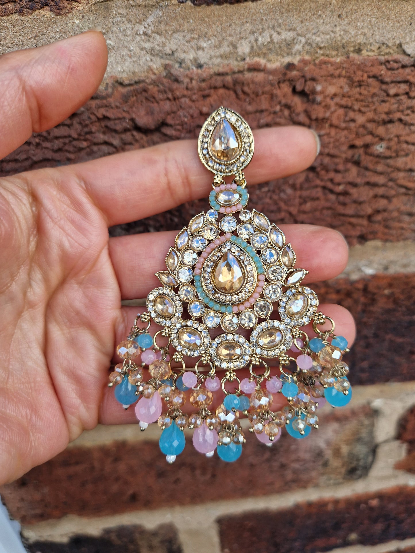 B I S M A - Indian Earrings - POWDER PINK AND BRIGHT BLUE