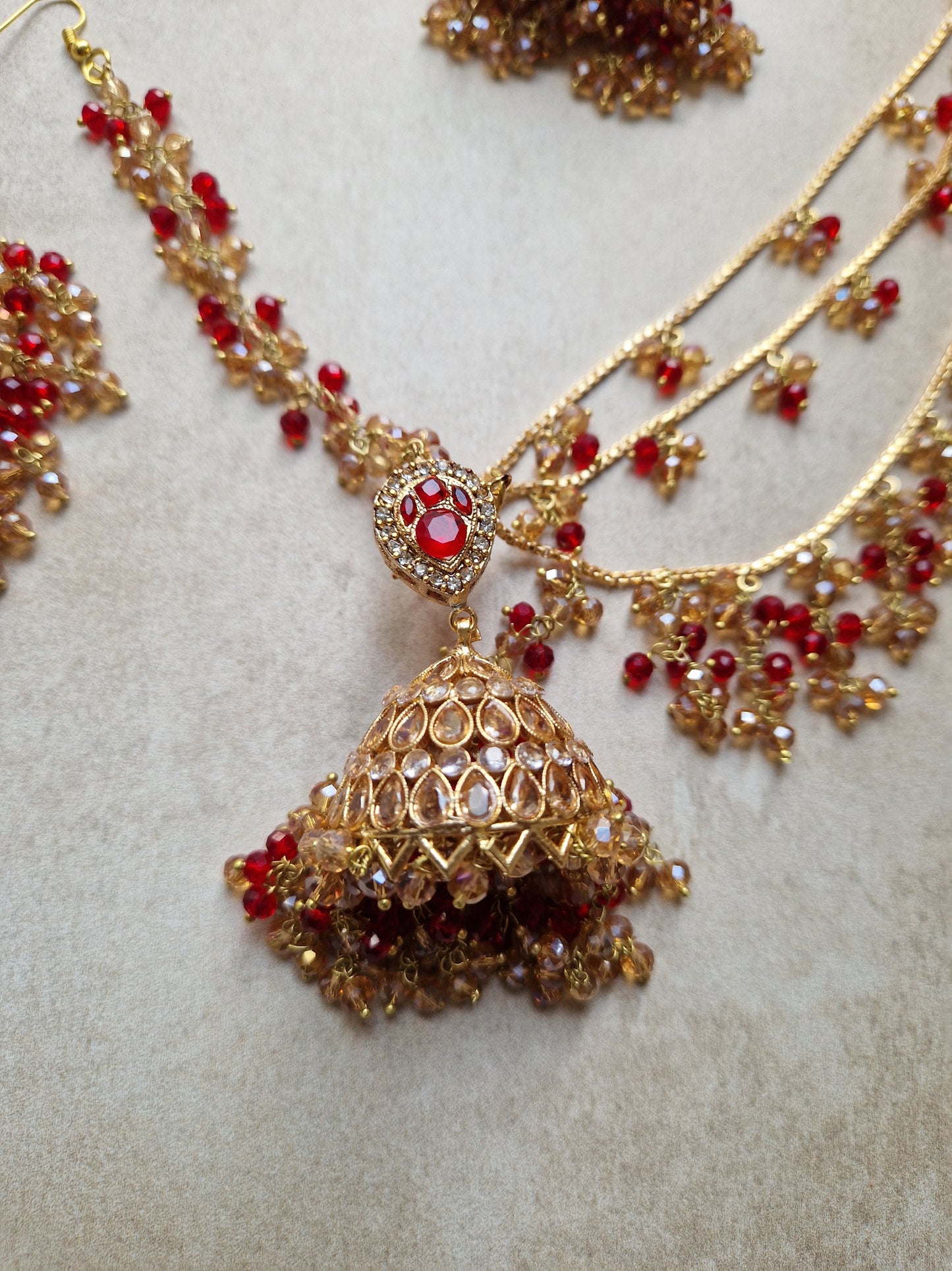 ZAIRAH -Pakistani Jhumka with Saharas and Tikka Set - RED/MAROON AND GOLD
