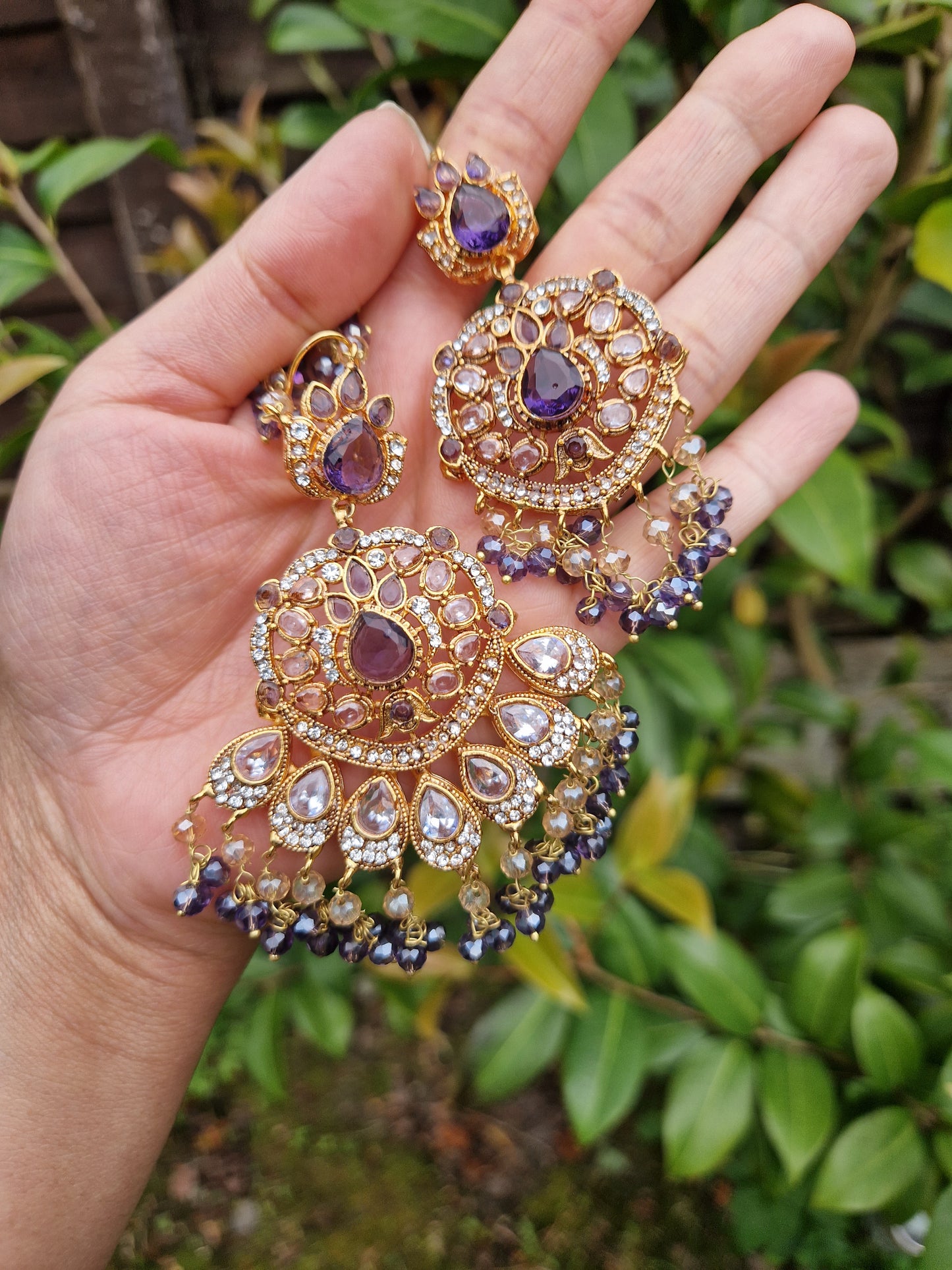 JASLEEN- Small Earring & Tikka Set (Yellow golden finish polish) - PURPLE - LAUNCH OFFER.