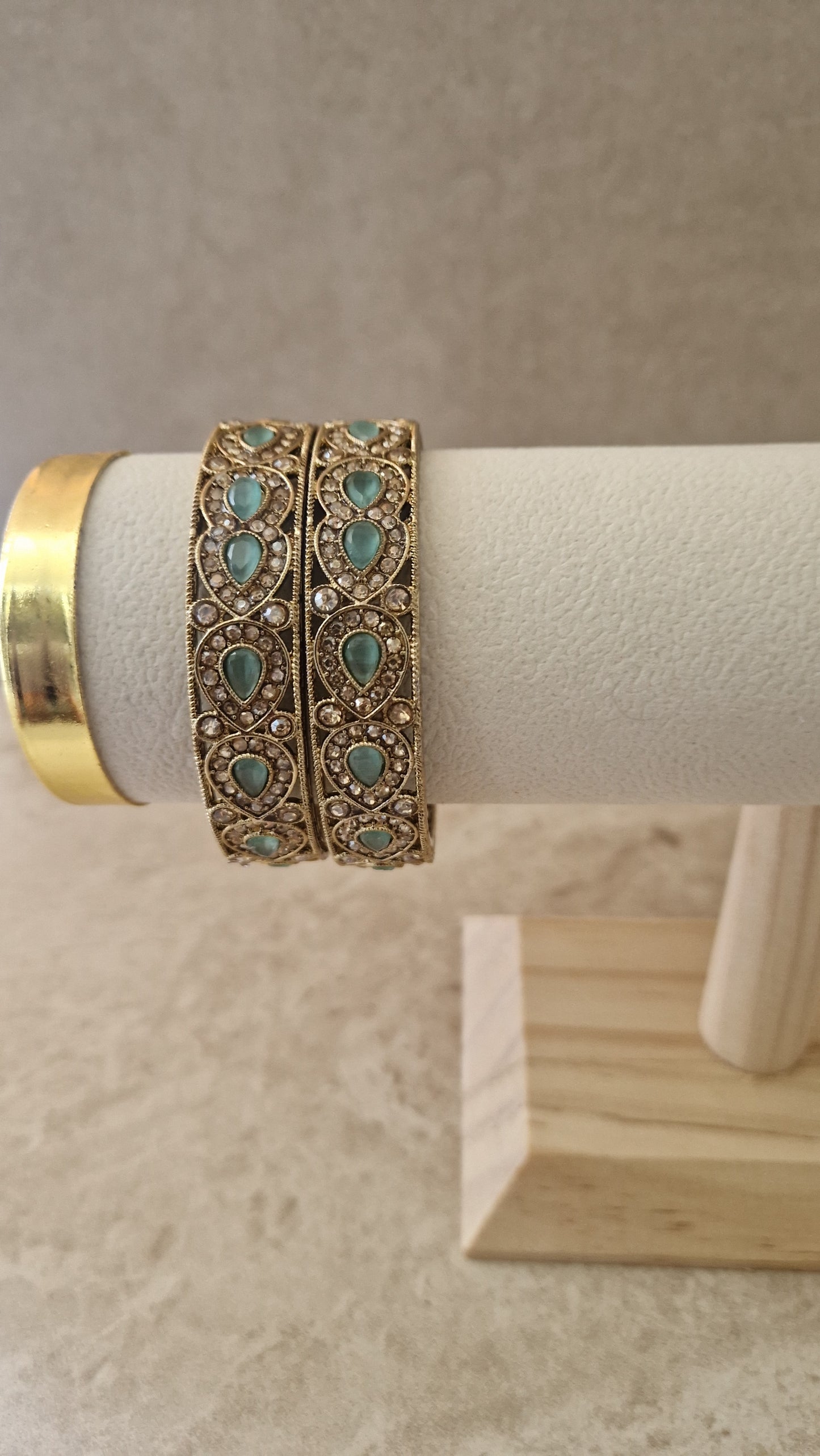 RAHMA : Beautiful Diamante Mint and Gold Bangles.
