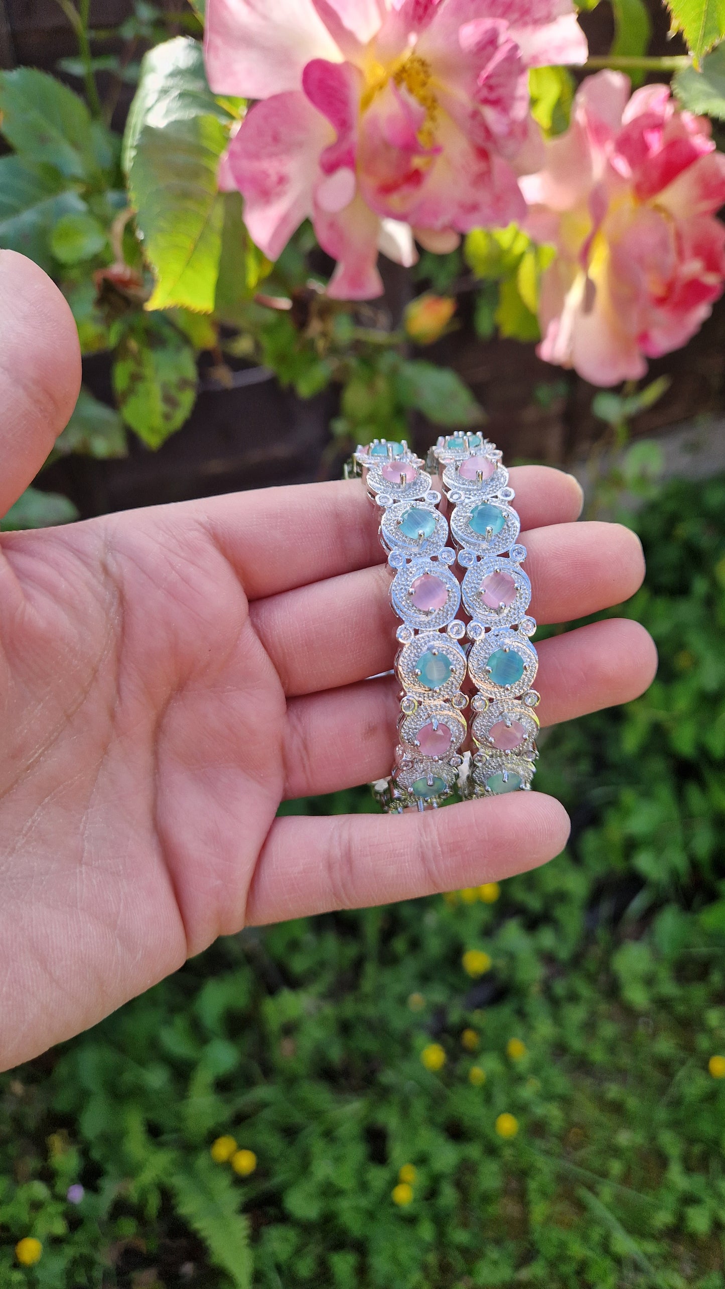RUMEENA - Beautiful Silver Bangles - MINT & PINK