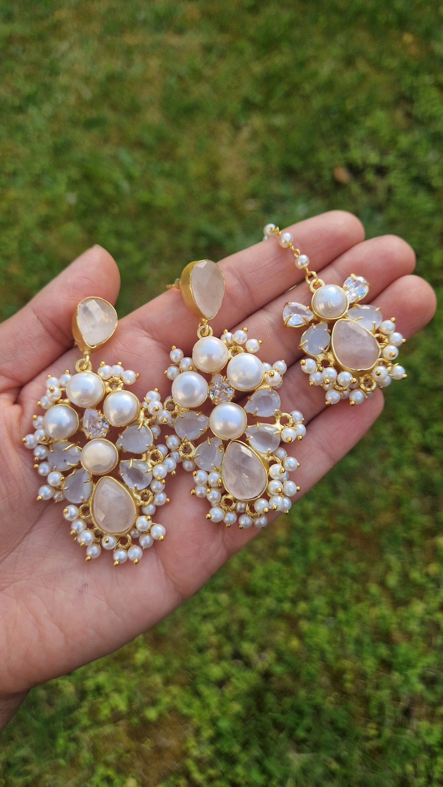 KULSUM * Premium* Fresh water pearls Earrings Tikka and Set - Rose Quartz & Grey/Lavender