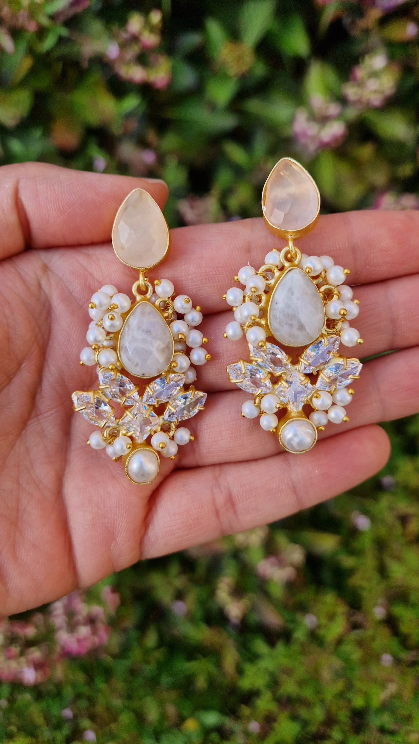 NAWAL- *Premium* Small Earrings- Fresh water Pearls, Rose Quartz and Moonstone