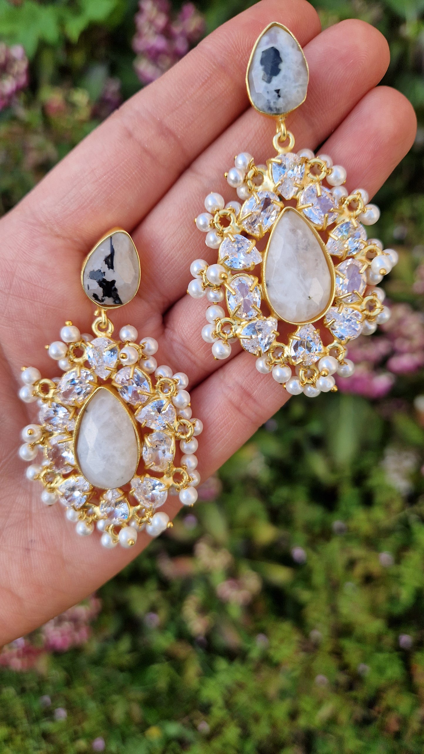 ZAKIYA - Earrings Fresh water Pearls with Semi Precious Stones - MOONSTONE