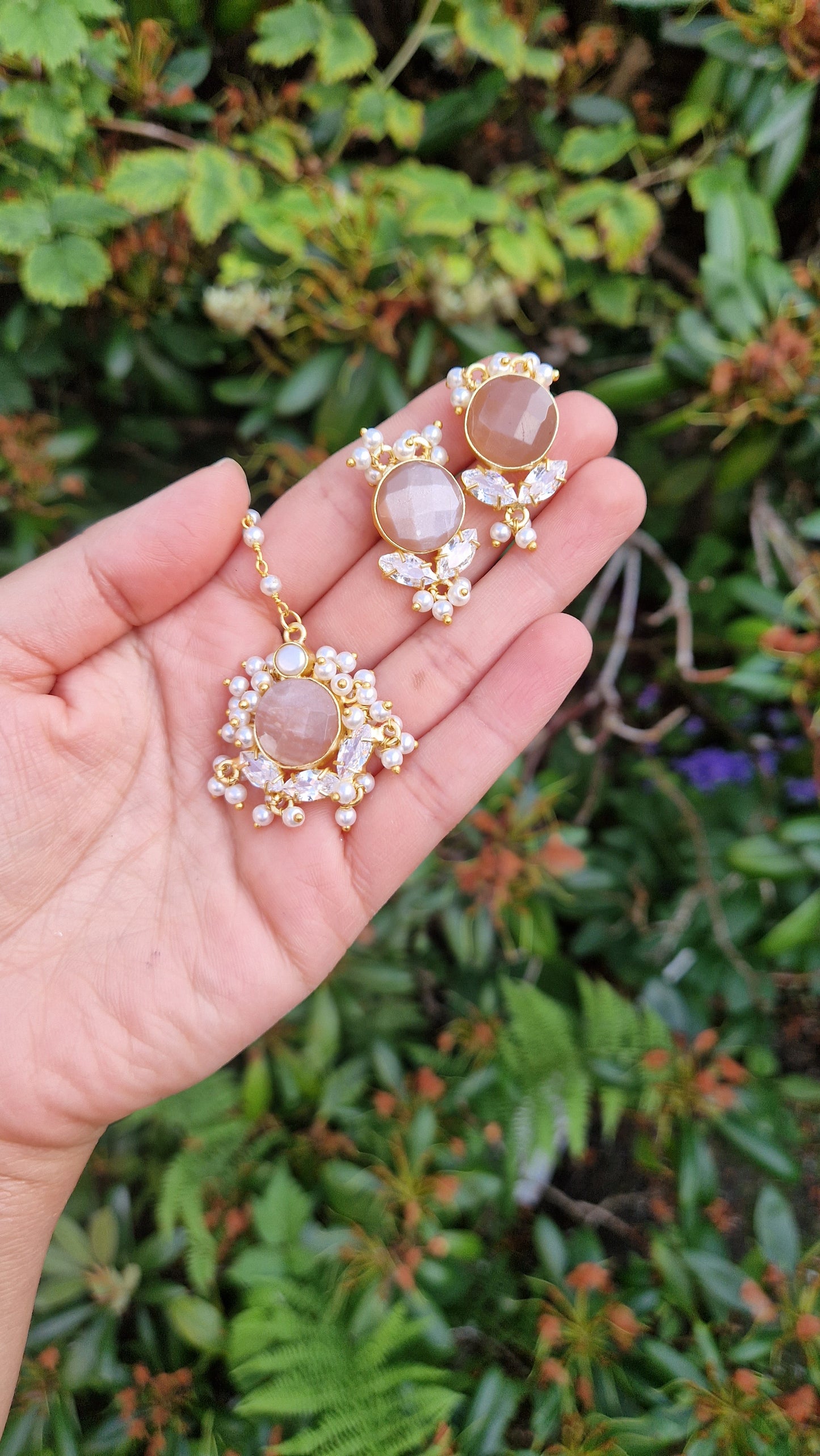 PALWASHA - *Premium* Small Dainty Beautiful Morganite and Fresh water Pearls Jewellery Set