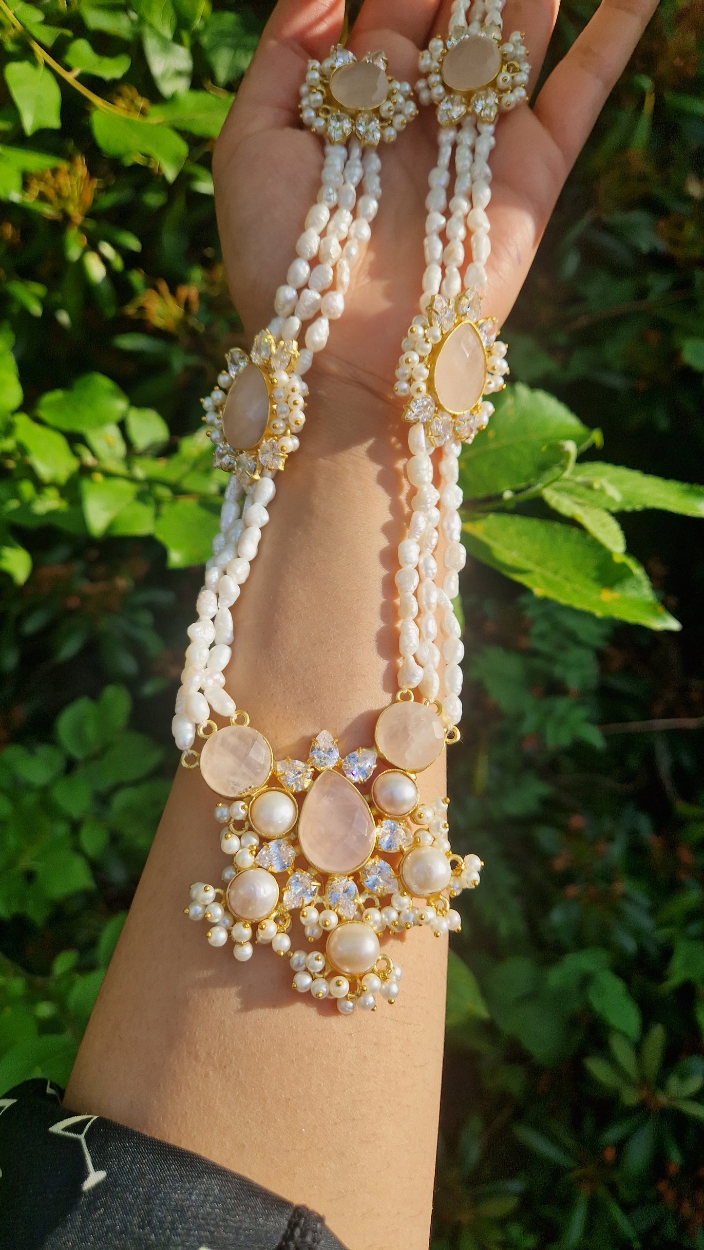 SABA *Premium* Fresh Water Pearl and Semi Precious Mala Set - Rose Quartz