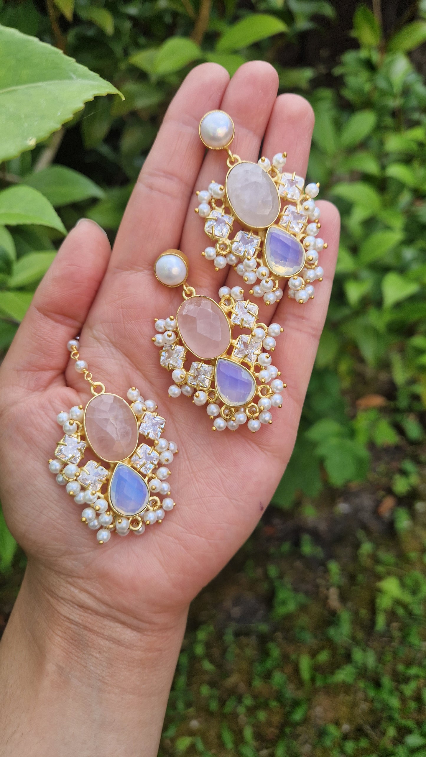 LAYAN- *Premium* Fresh Water Pearl and Semi Precious Mala Set - Rose Quartz & Opalite