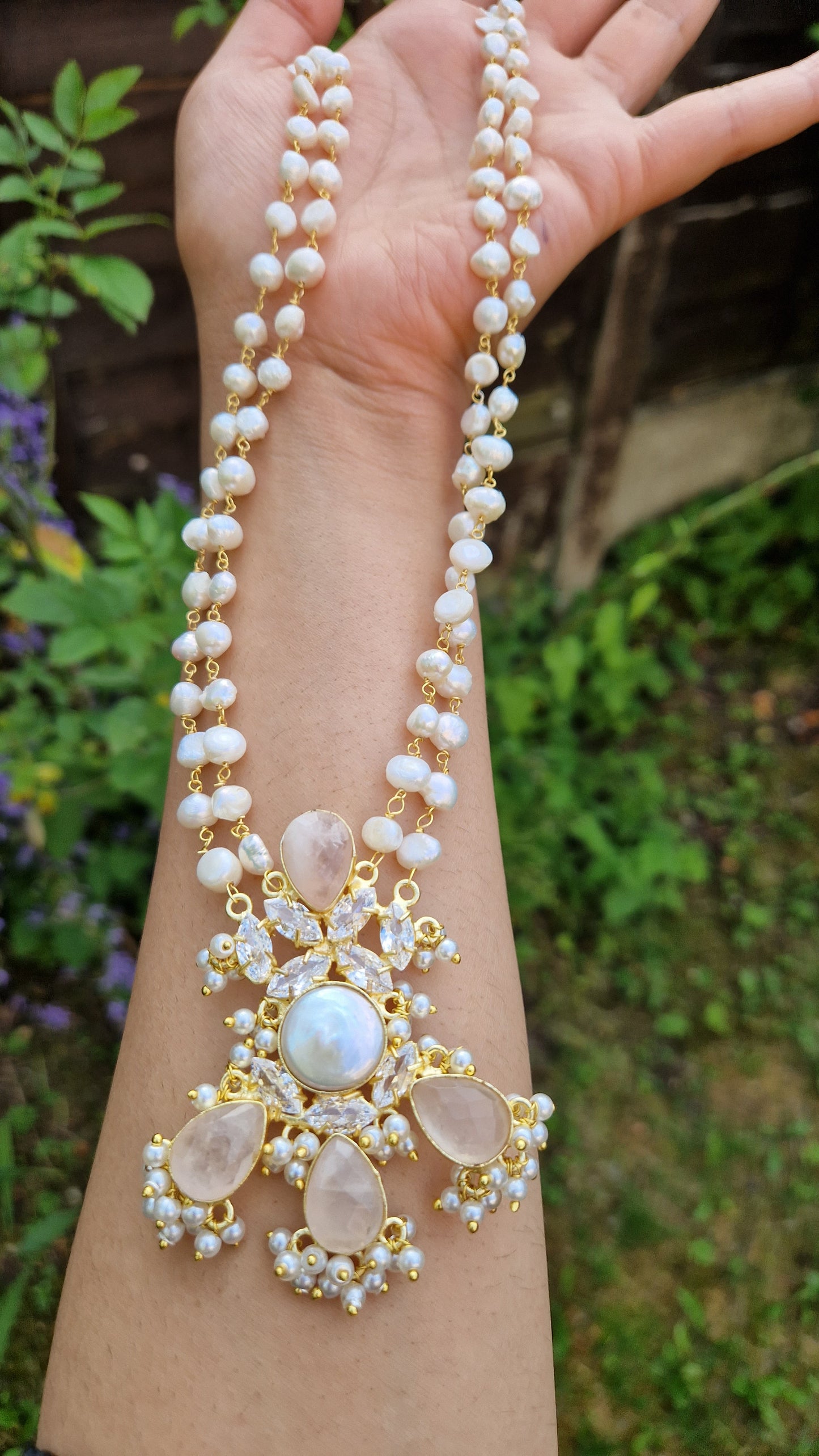IFFAT *Premium* Small Elegant Full Fresh Water Pearls & Rose Quartz & Moonstone Mala Set