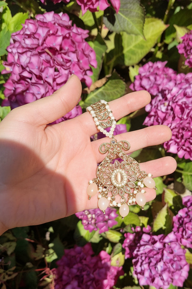 SHAMILA - Oversized Elegant Reverse AD Jhumka with Tikka - Peach and Bronze