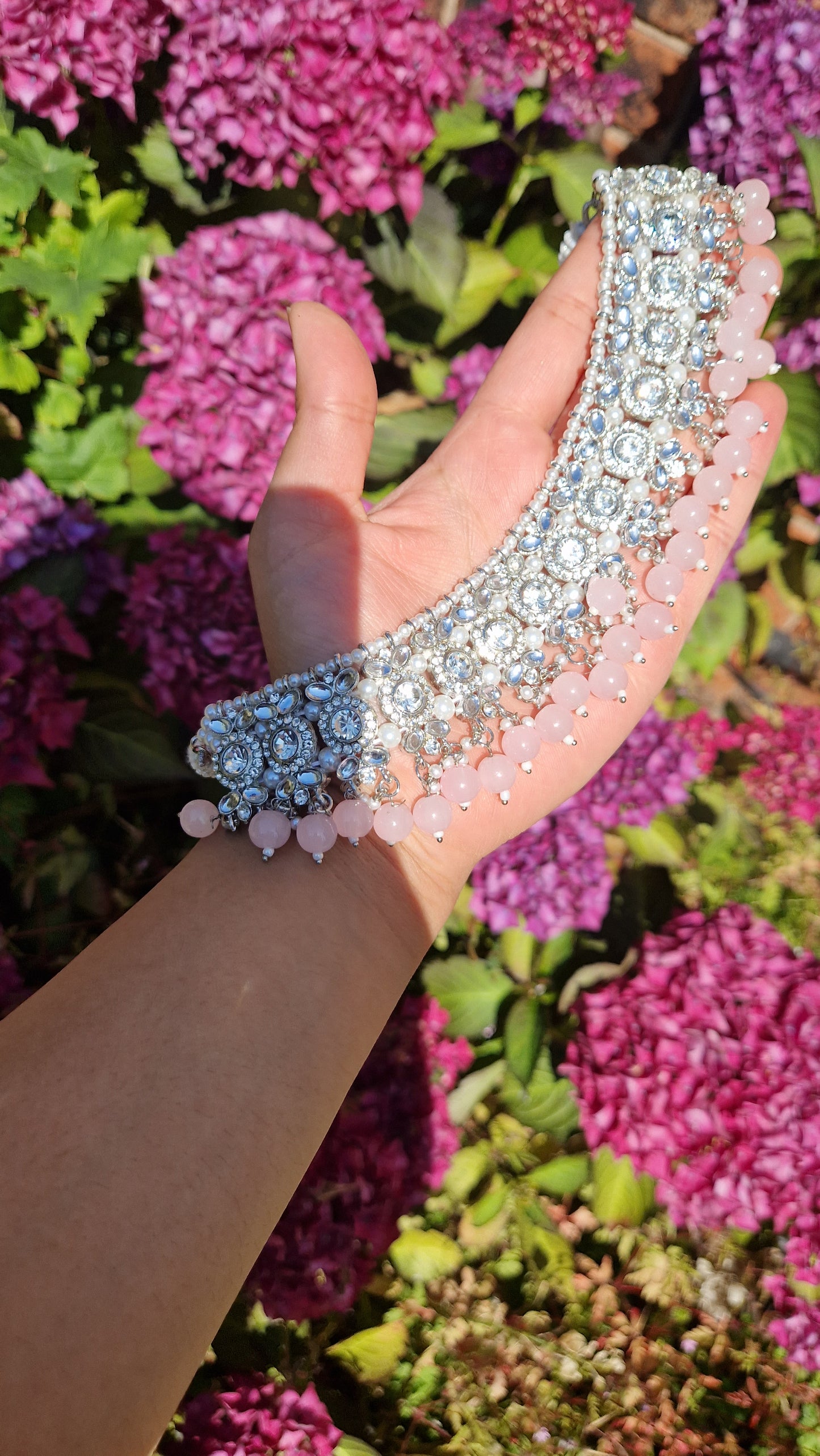 MALEEHA - Necklace, Earrings and Tikka Set- Value range- Pink and Silver