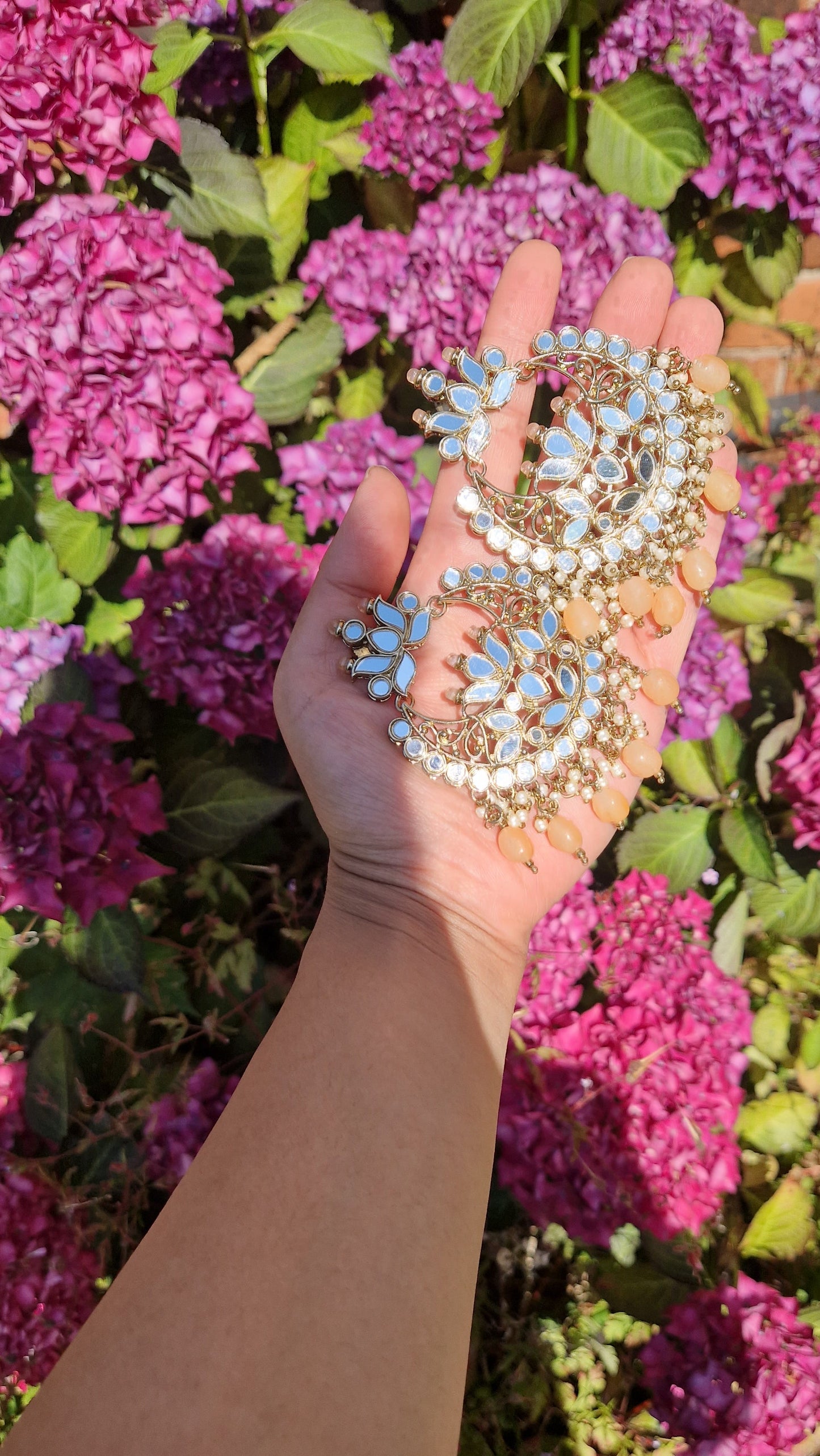 BASRA - Oversized Mirror Punjabi Indian Earrings and Tikka- Peach and bronze