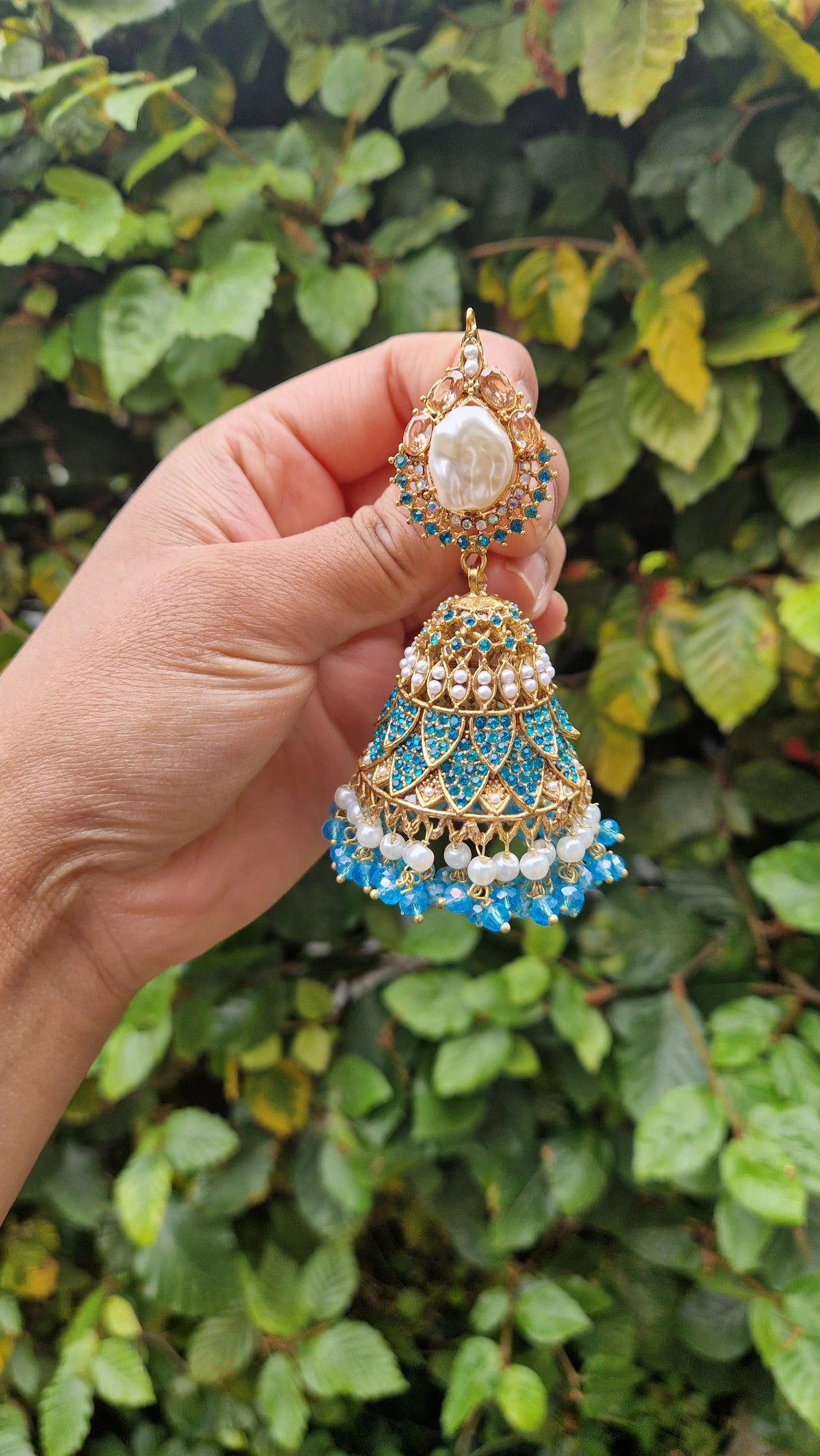 AISHA - *SALE*Beautiful Elegant Pakistani Jhumkas faux pearl - FEROZI BLUE