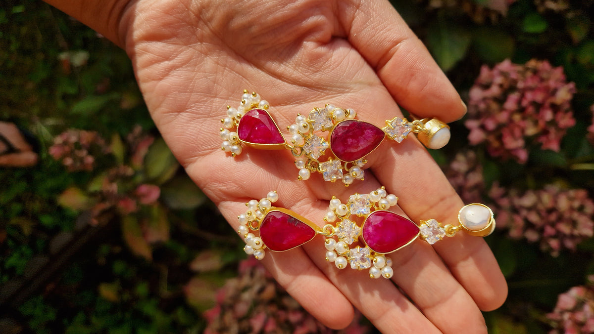 JAIS- Premium Fresh Water Pearls Earrings- Ruby Quartz