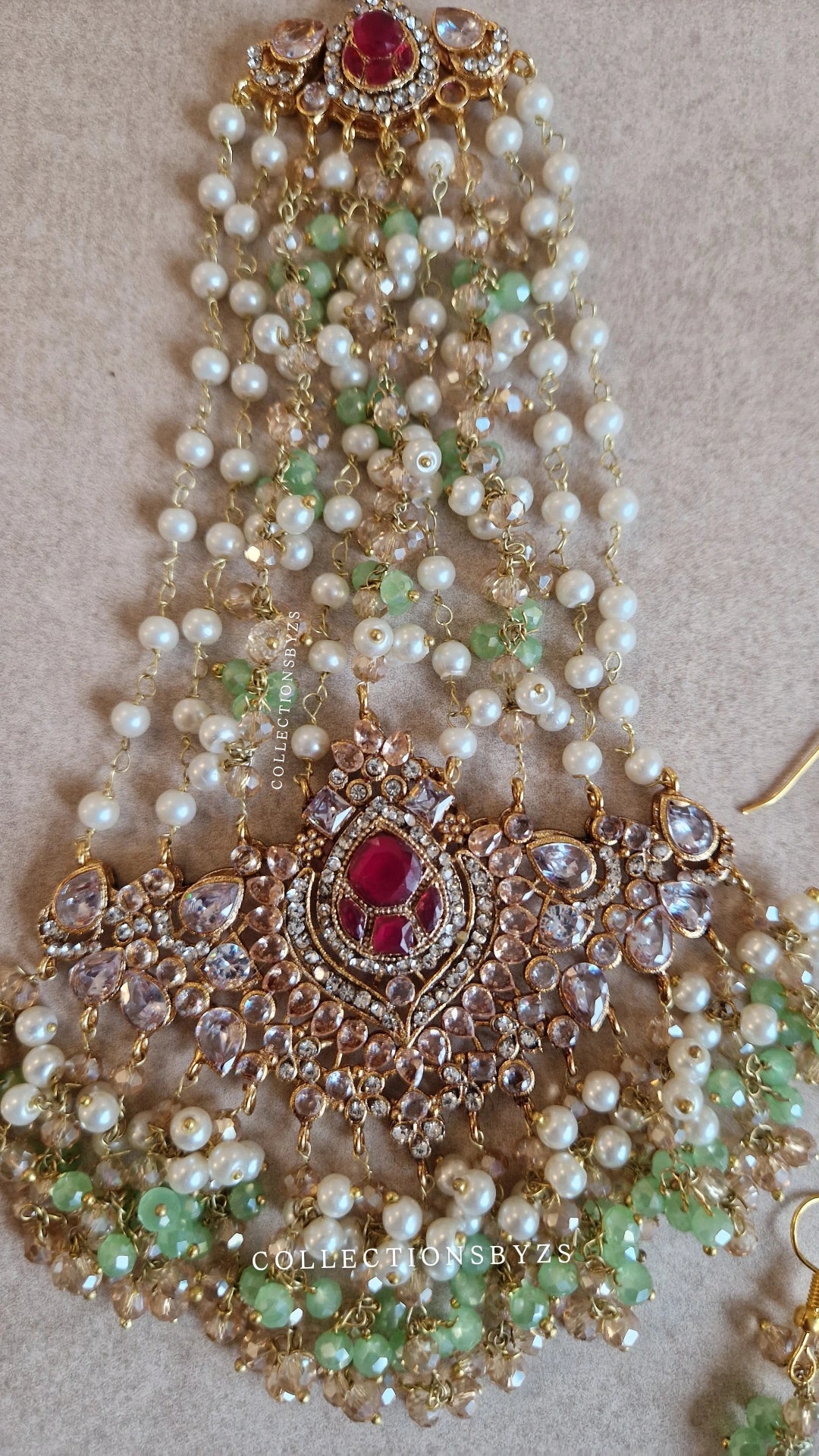 INARA -Pakistani Earrings, Tikka & oversized long Jhumar Set- Light Green and pearl.