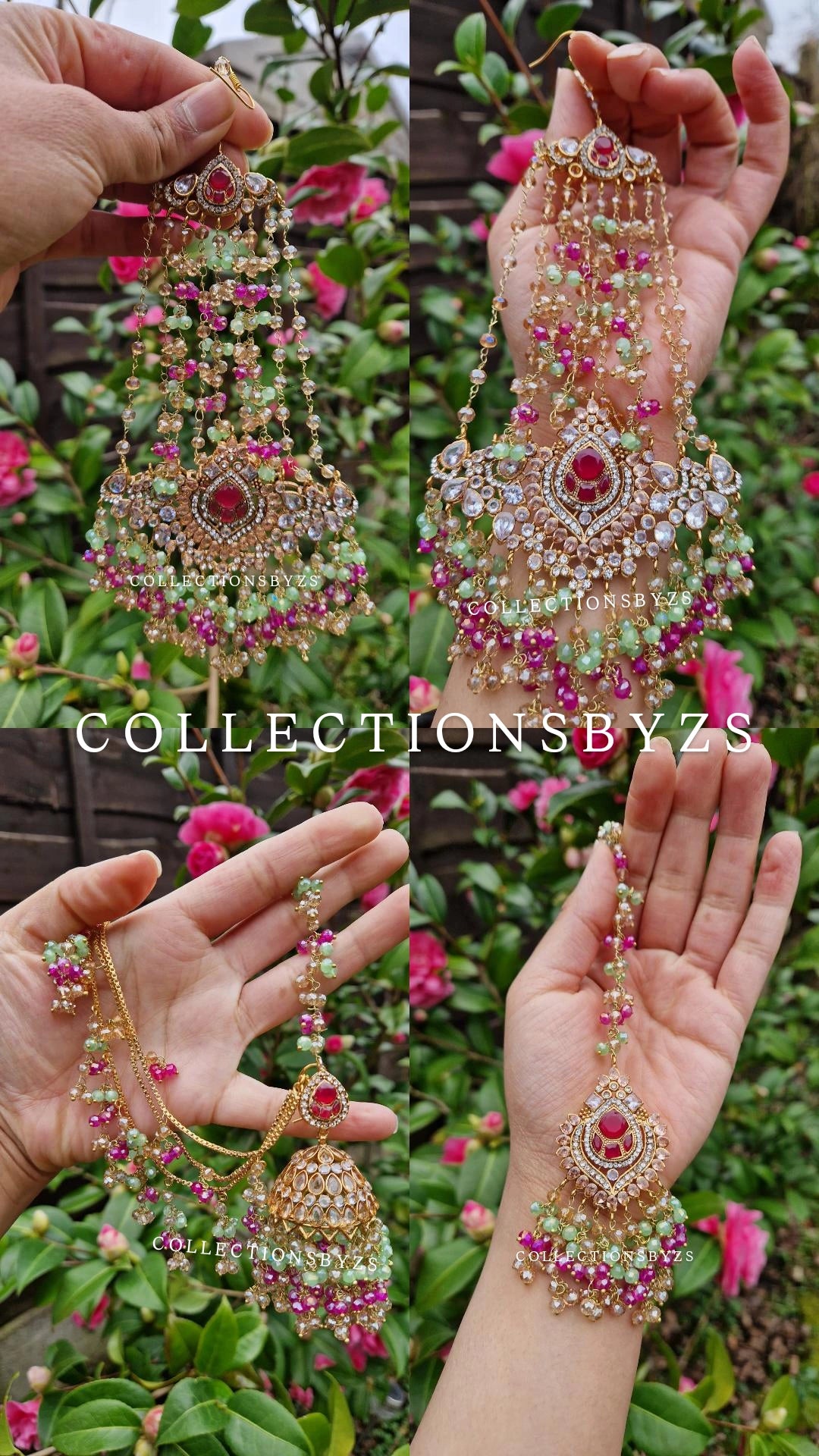 ZAIRAH -Pakistani Jhumka with Saharas and Tikka Set - SHOCKING PINK AND GREEN