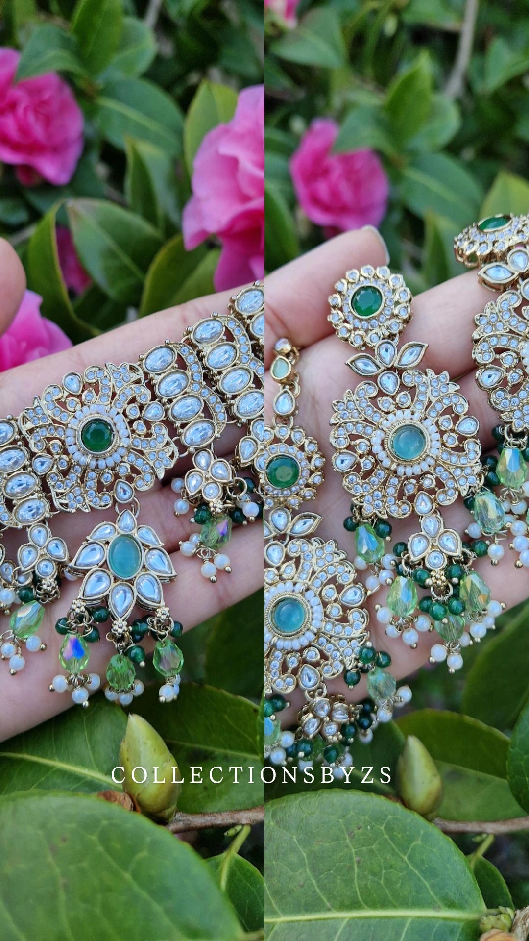 ANISHA- Stunning Kundan Indian Choker Set - Emerald and Light Green