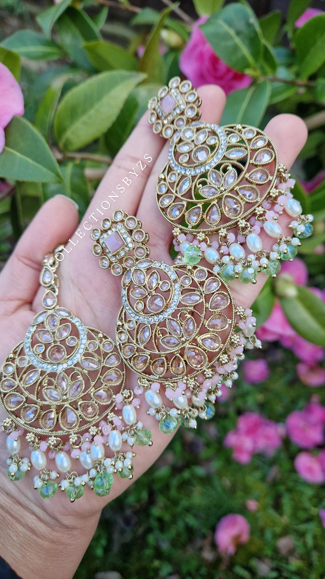 DINA- Elegant Indian Party Jewellery Set - GREEN & PINK