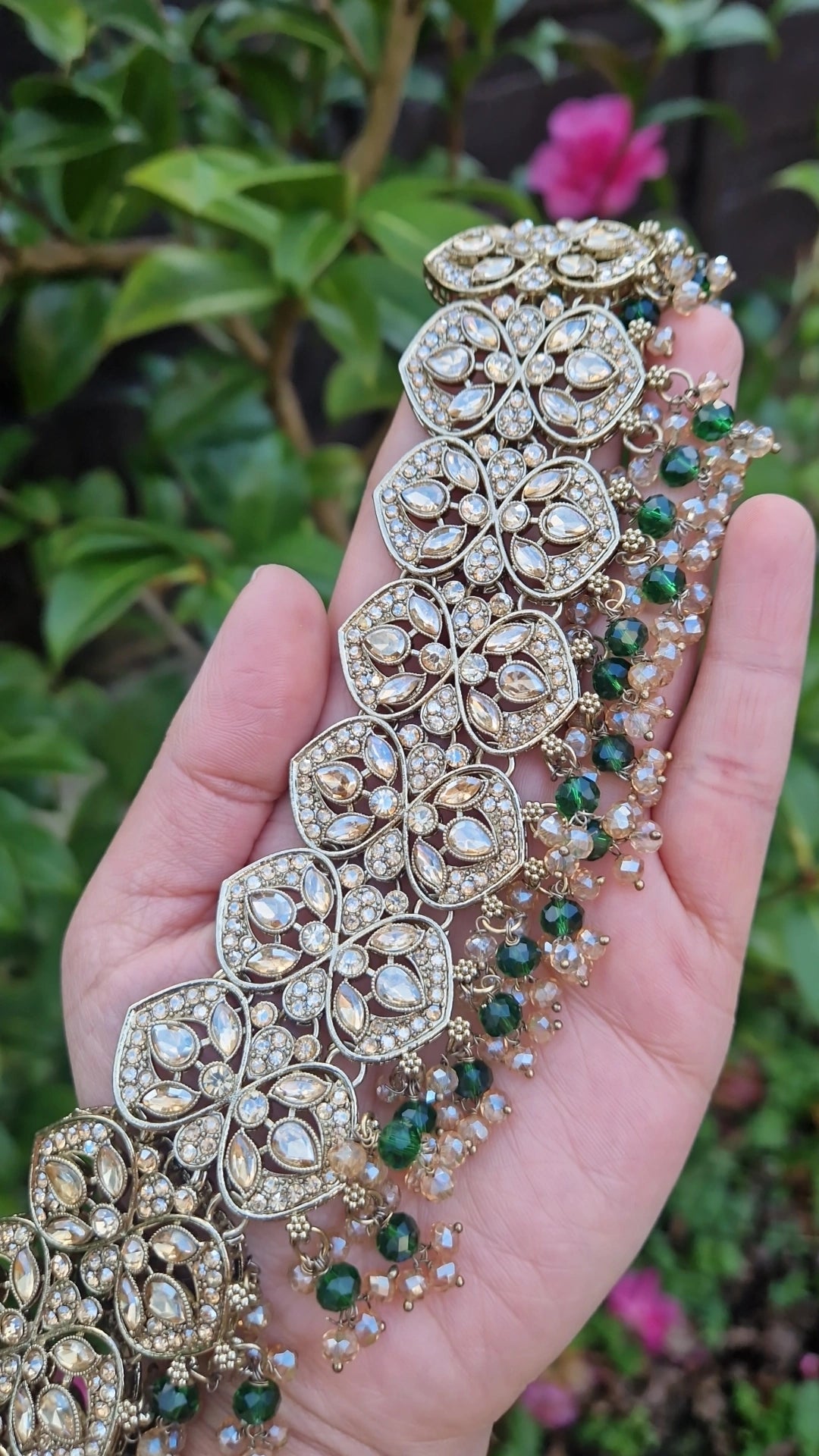 MARIA - Indian Choker Set- Choker, Earrings, Tikka & Passa (Jhumar)- DARK GREEN