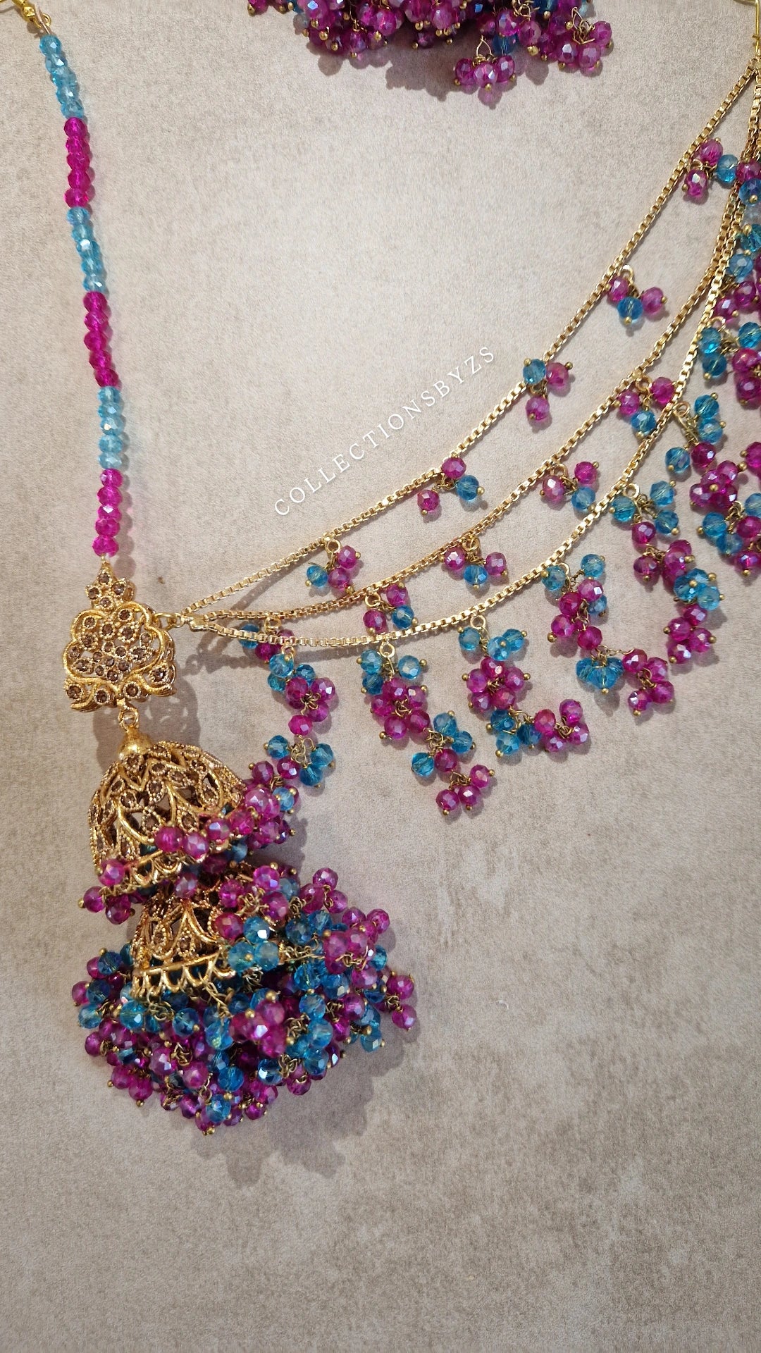 FARIYAH- Stunning Pakistani style bridal Earrings & Tikka Set - BLUE & PINK