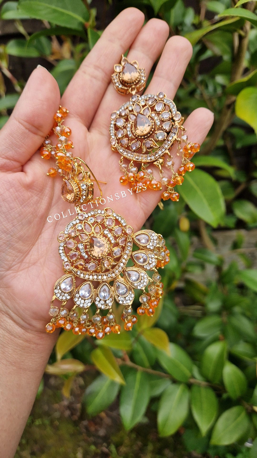 JASLEEN- Small Earring & Tikka Set (Yellow golden finish polish) - ORANGE