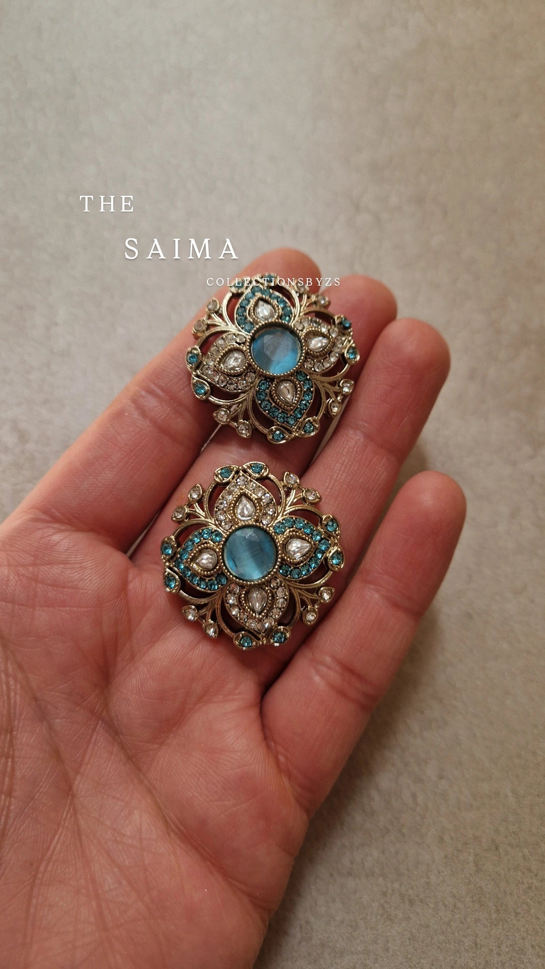 SAIMA - Indian Silver Kundan Inspired Studs- LIGHT BLUE.