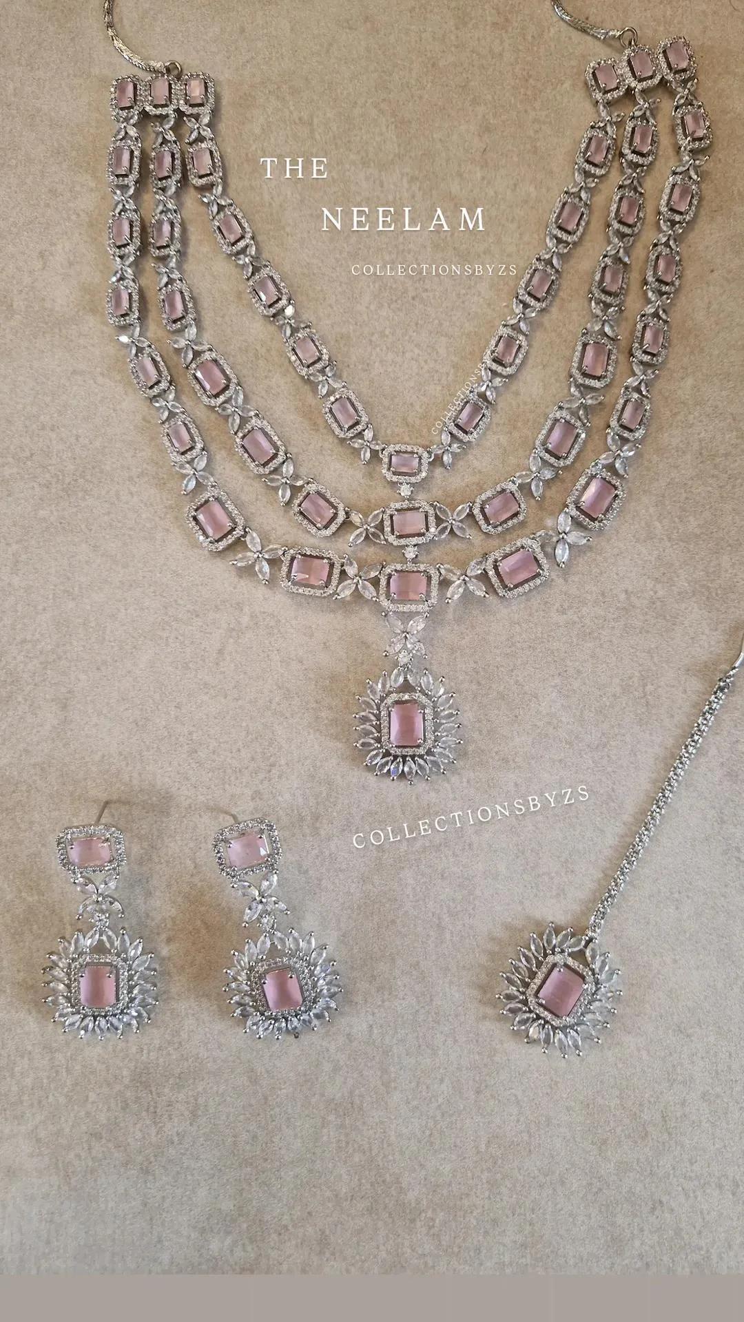 NEELAM - 3 layered Pink American beautiful Mala, Earrings and Tikka Set