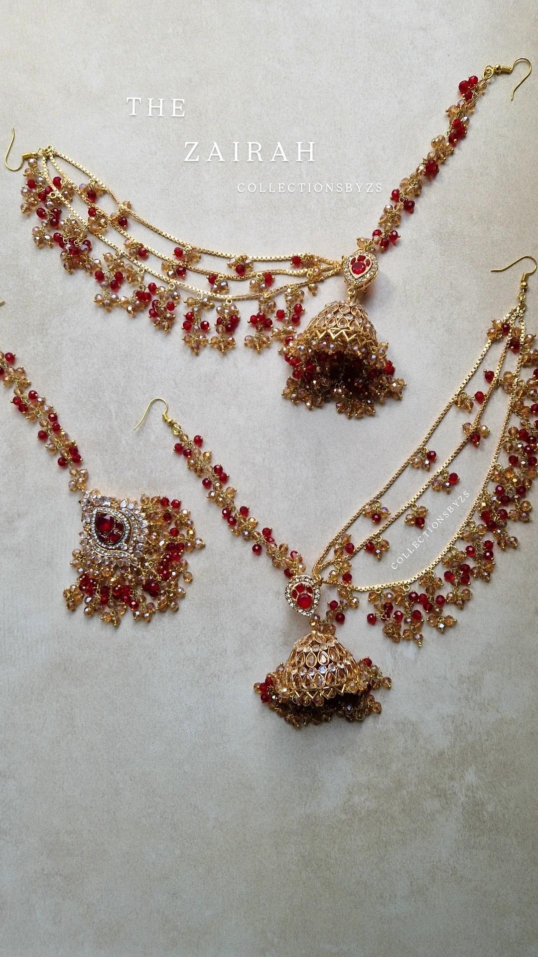 ZAIRAH -Pakistani Jhumka with Saharas and Tikka Set - RED AND GOLD