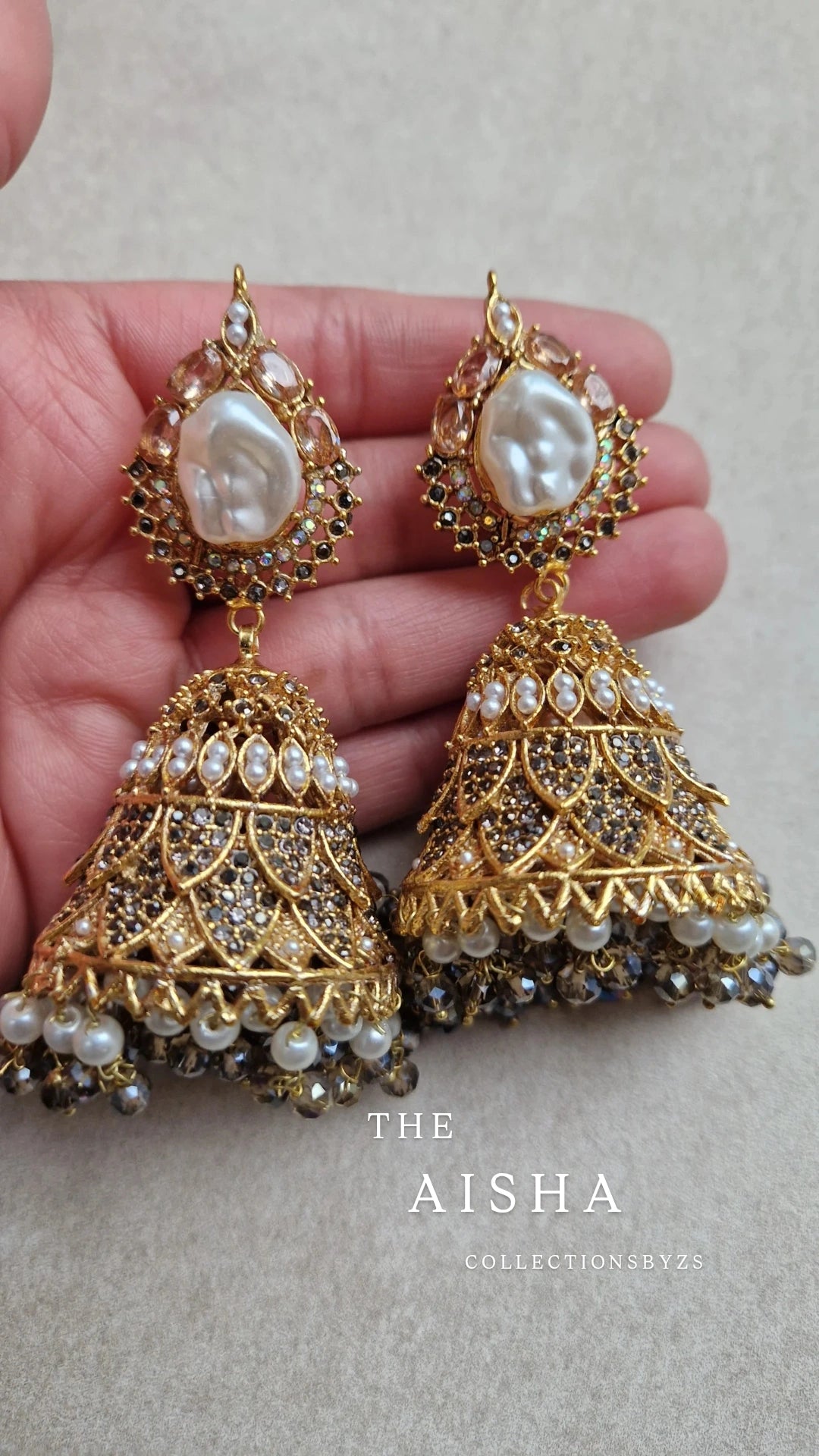 AISHA - Beautiful Elegant Pakistani Jhumkas faux pearl - GREY