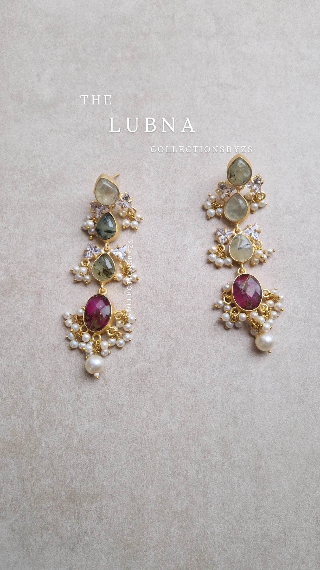 LUBNA * PREMIUM* Earrings Fresh water Pearls with Sage and Deep Pink Semi Precious Stones
