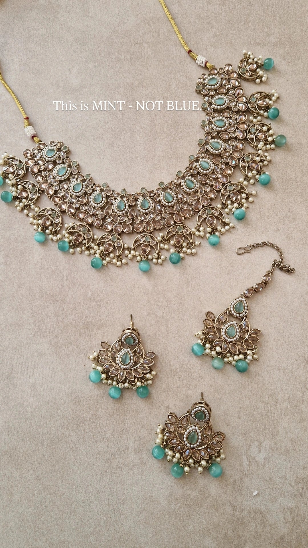 *CLEARANCE* OVERSIZED Necklace, Earrings and Tikka Set- Minty/Blue.