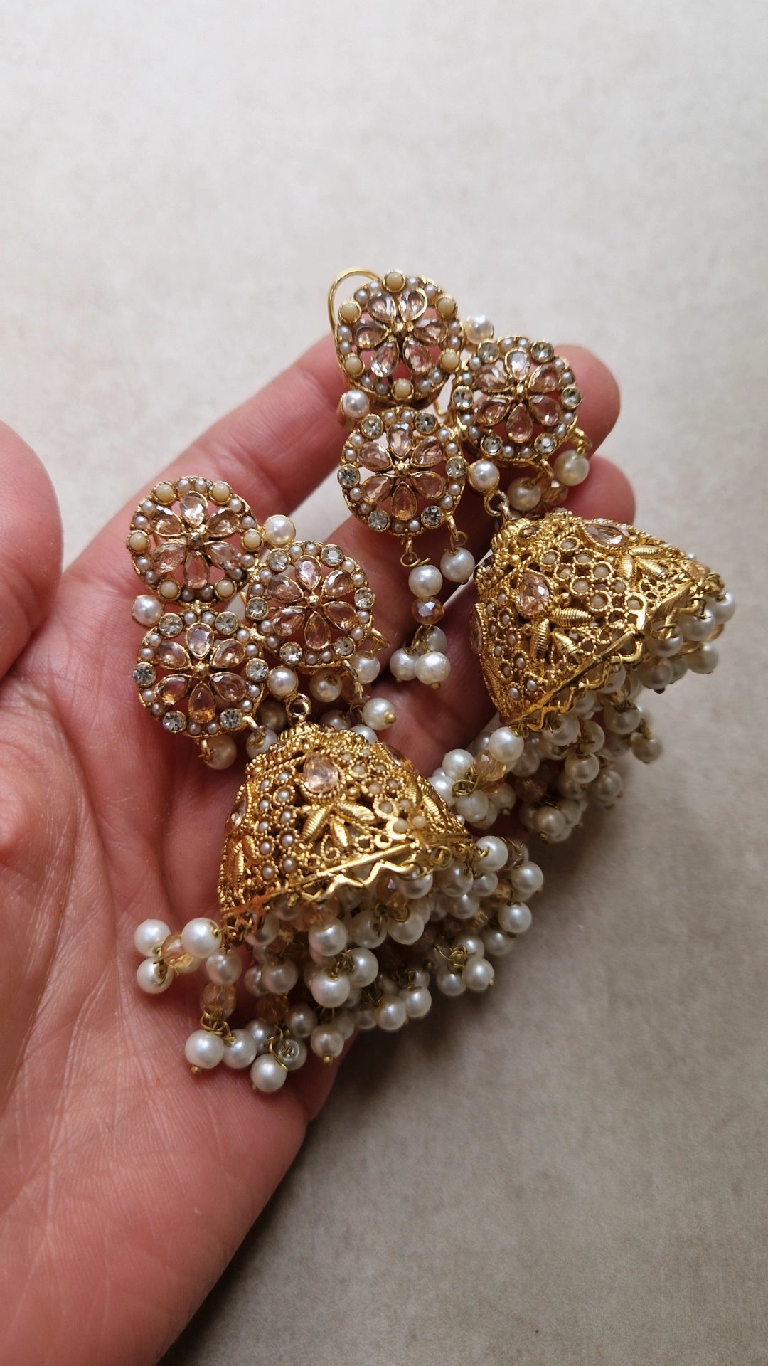 Pakistani Pearl Yellow Golden Jhumkas