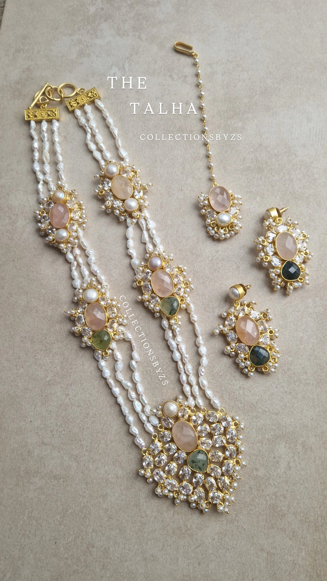 TALHA- *Premium* Fresh Water Pearl and Semi Precious Mala Set - Rose Quartz & Prehnite