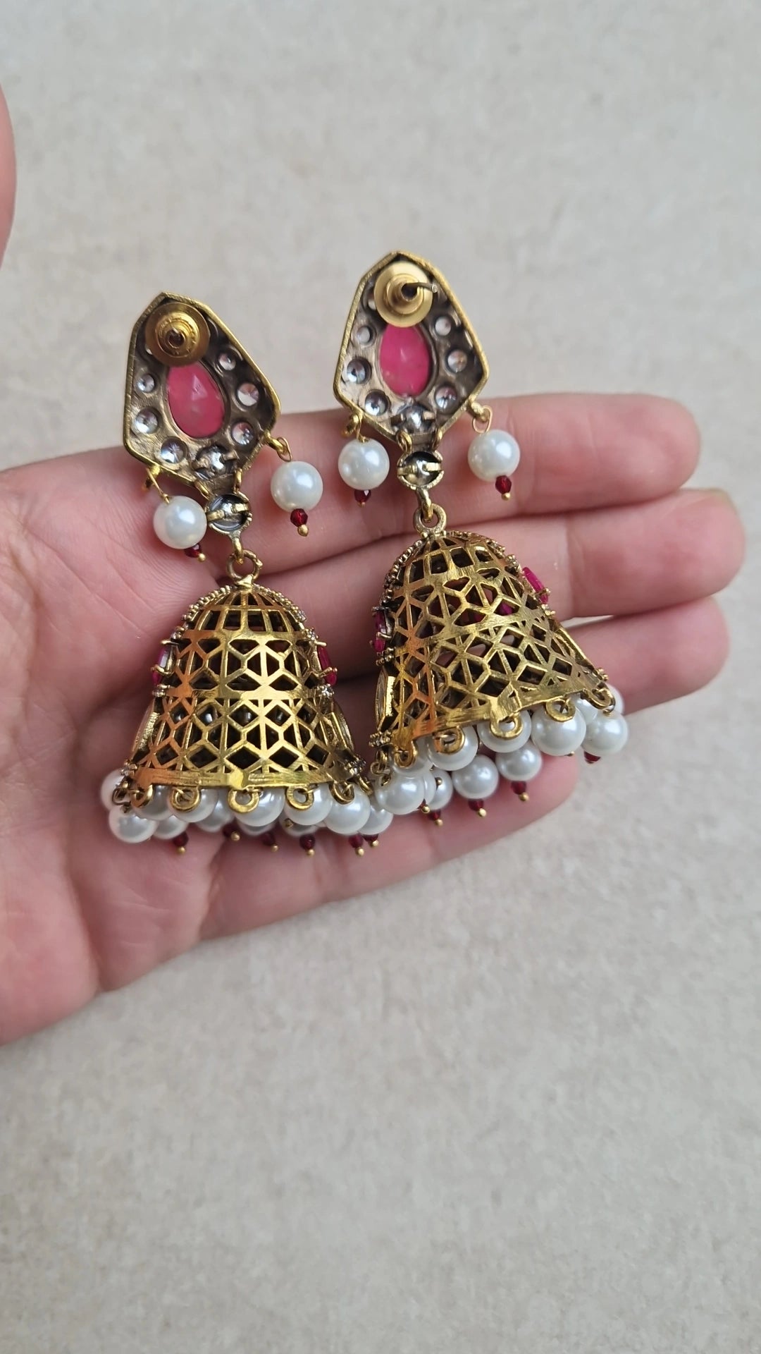KAI - *Premium* Authentic Indian Mossonite Jhumkas - Deep Pink/Ruby with pearl