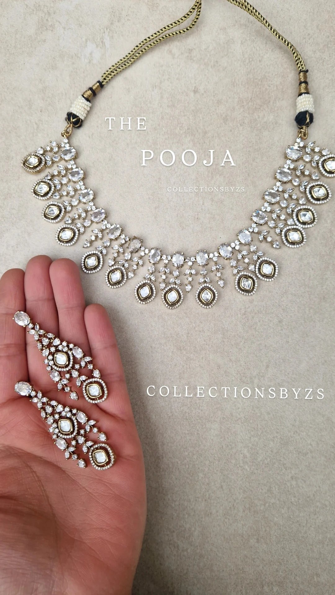POOJA - American Diamond & Kundan Necklace and Earring Set - Mehndi Polish