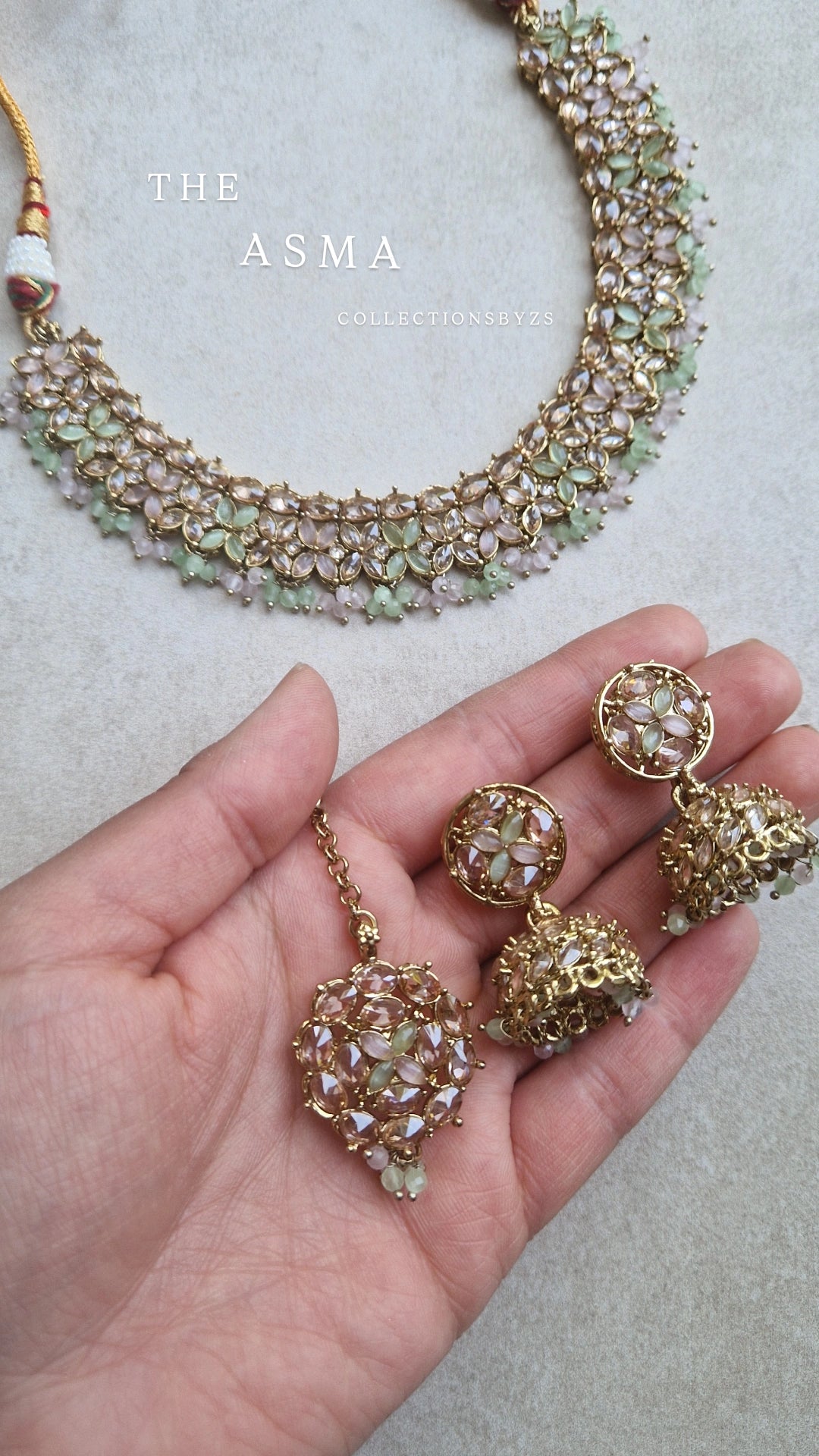 ASMA- Sleek Elegant Reverse AD Jewellery Set - Green and Pink