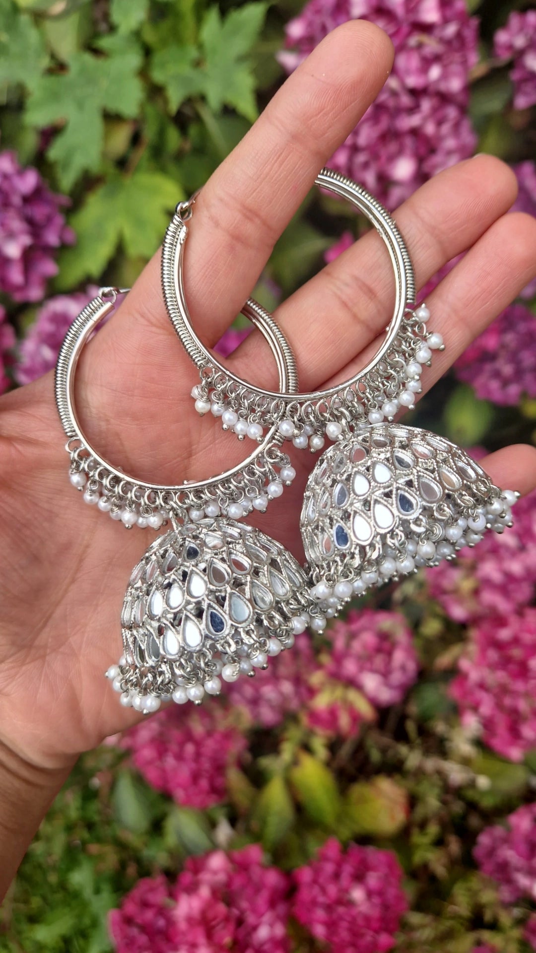 Oversized Mirror Punjabi Earrings- Silver Finish