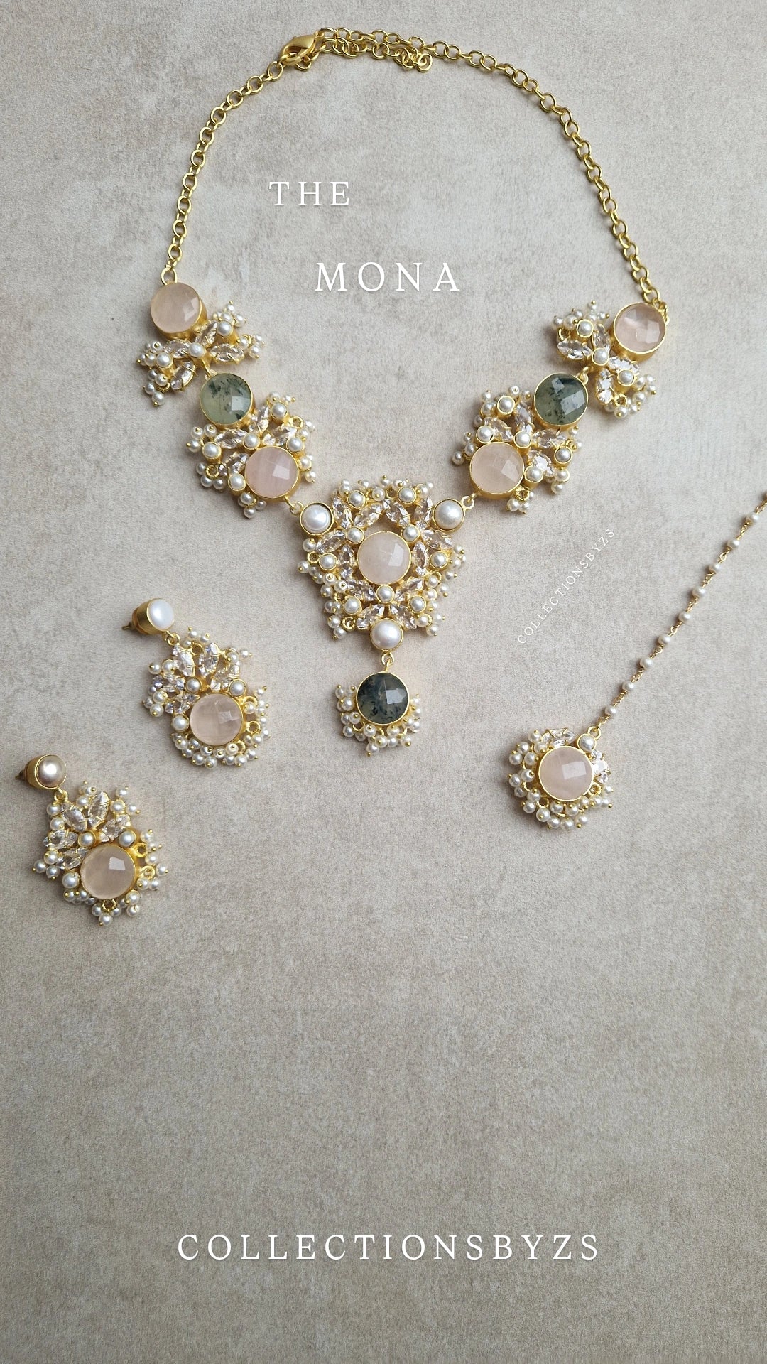 MONA - * Premium* Rose Quartz, Sage & Authentic Pearls Jewellery Set
