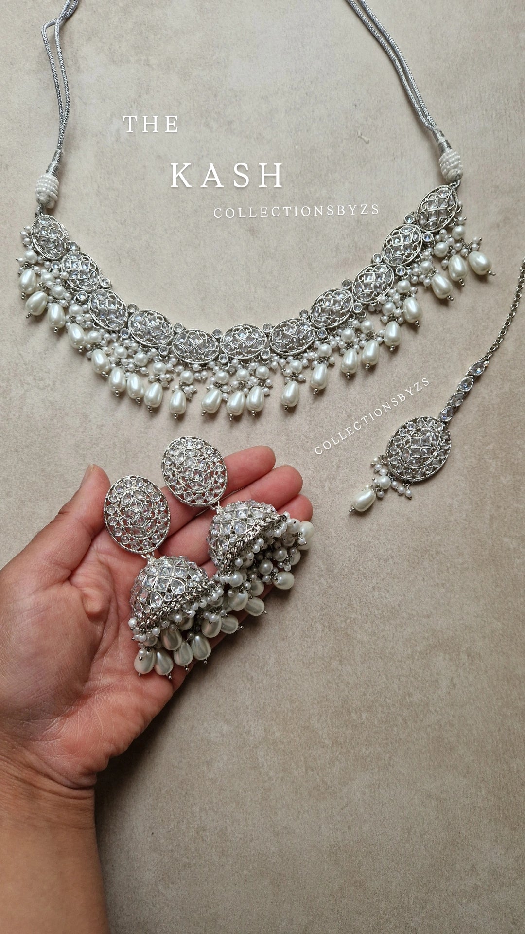 KASH- Stunning Reverse AD Traditional Indian Jewellery Set with Jhumkas - White Silver