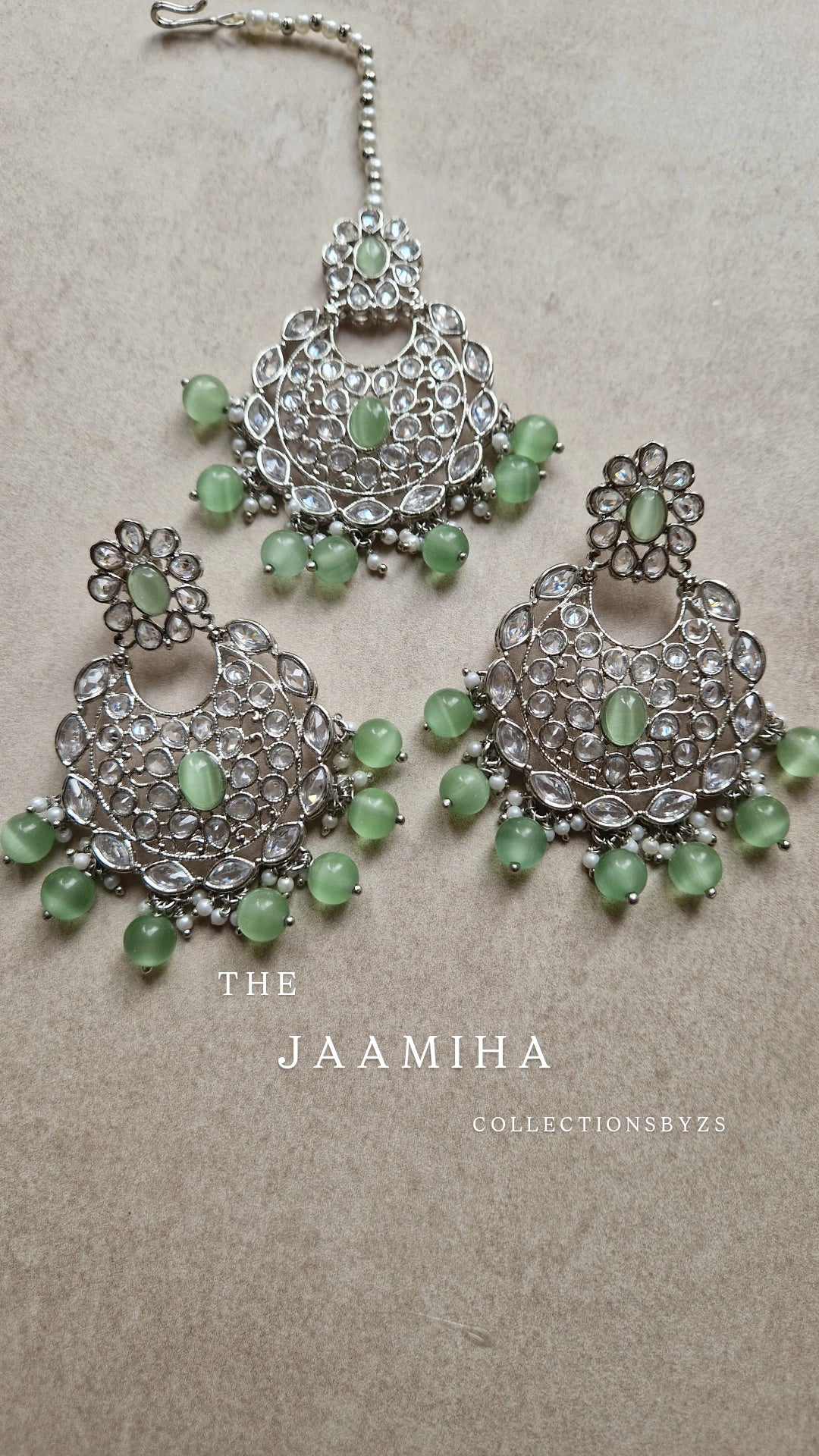 JAAMIHA- Earring & Tikka Set- Green & Silver