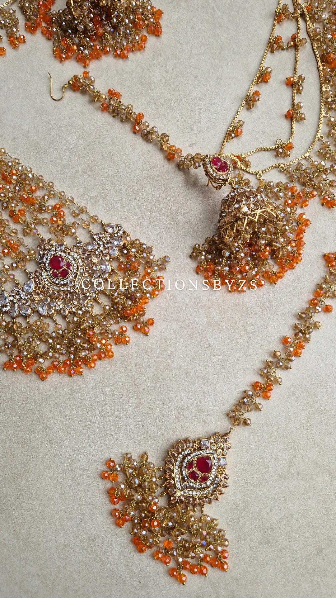 ZAIRAH - 3 piece Pakistani Jhumar, Jhumka with Sahara's and Tikka Set - Orange