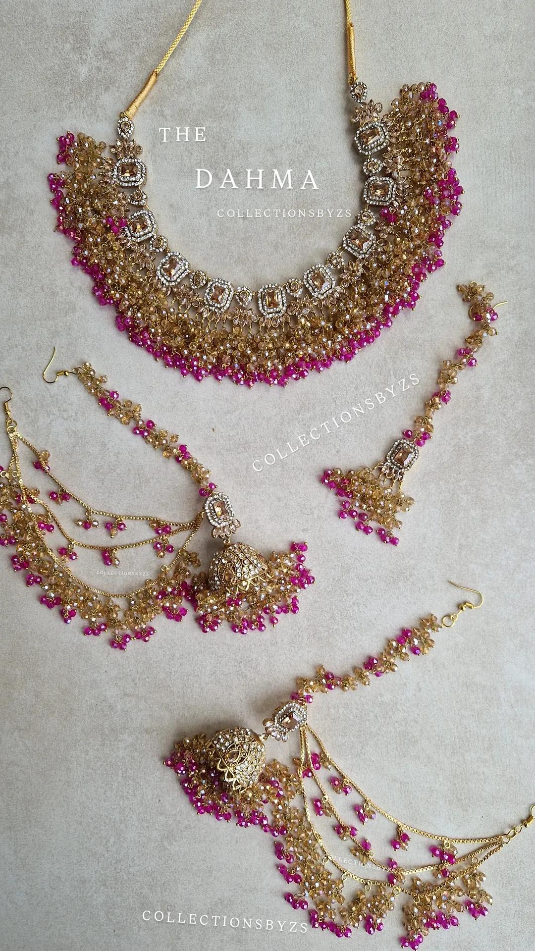 DAHMAS- Beautiful *Premium* Pakistani Shocking Pink and Gold Semi Bridal Mehndi Set