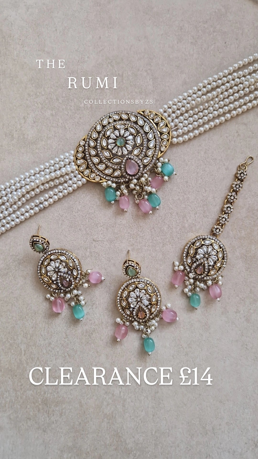 RUMI-*CLEARANCE* Indian Victorian Polish Choker Set- pink and green