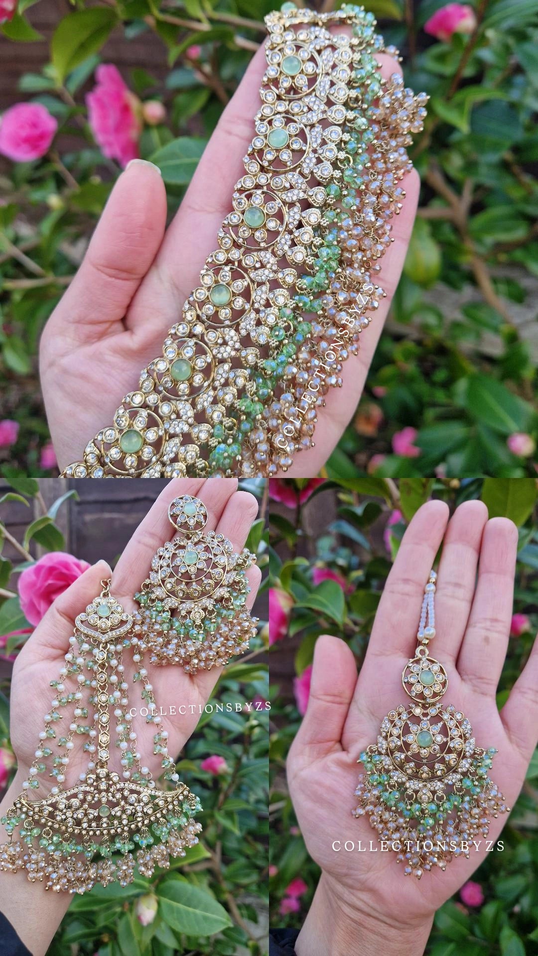 IRSA- Stunning Indian Semi Bridal/ Party Wear Choker Set - LIGHT GREEN AND GOLD