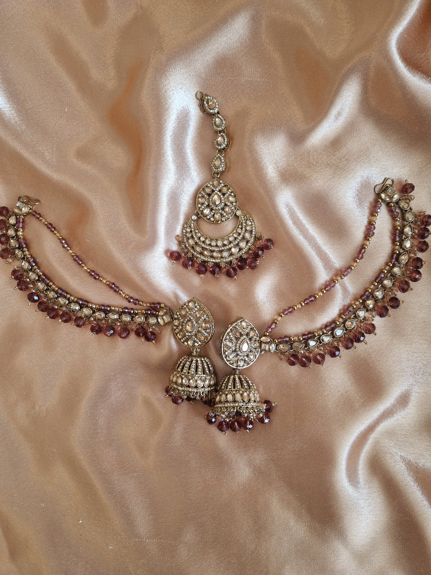 S A N I A  - Earring Jhumka Tikka Set - Maurve/Plum/Brown