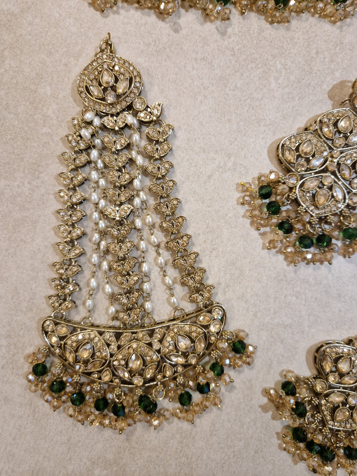 MARIA - Indian Choker Set-  Choker, Earrings, Tikka & Passa (Jhumar)- DARK GREEN