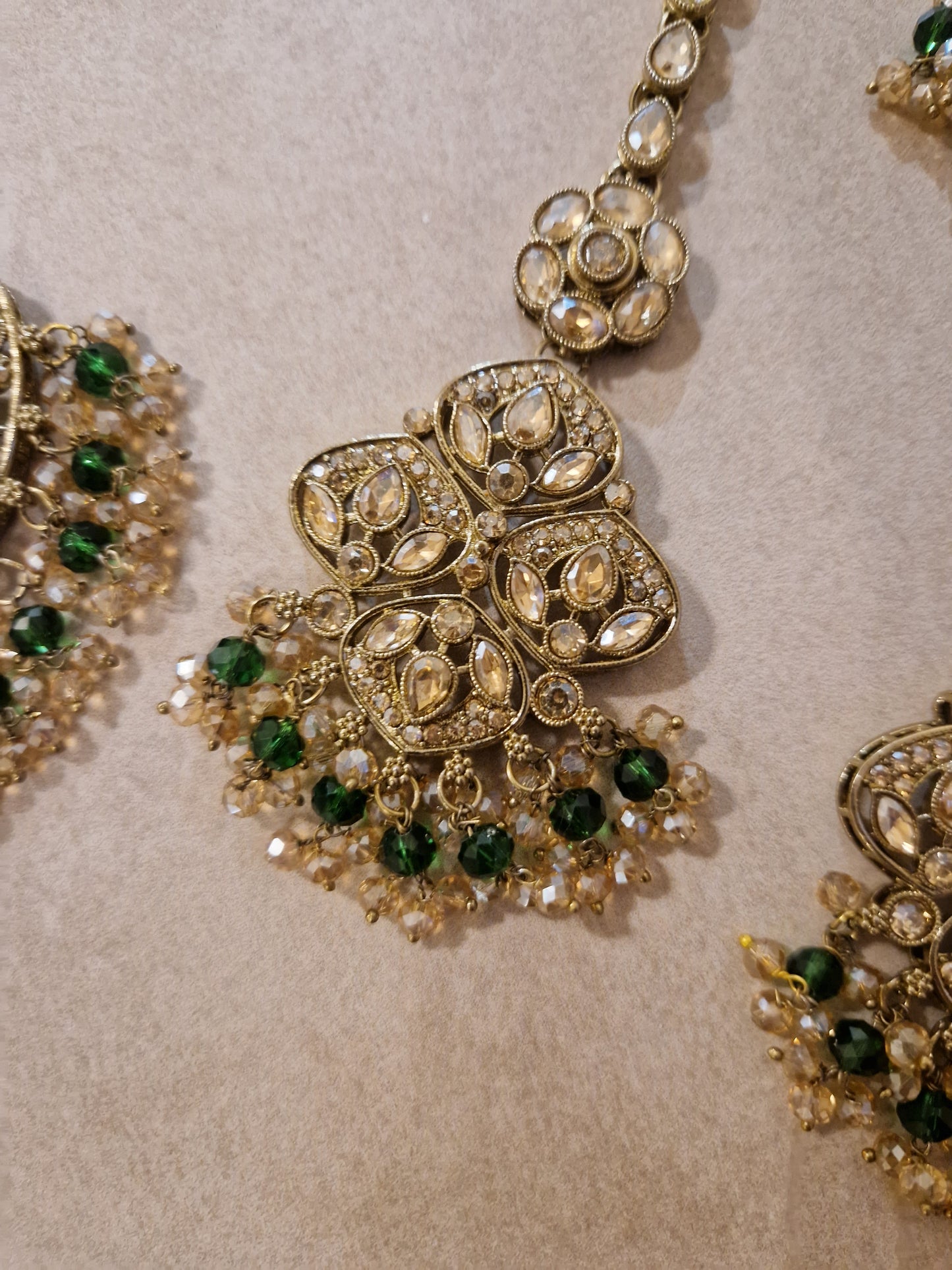 MARIA - Indian Choker Set-  Choker, Earrings, Tikka & Passa (Jhumar)- DARK GREEN