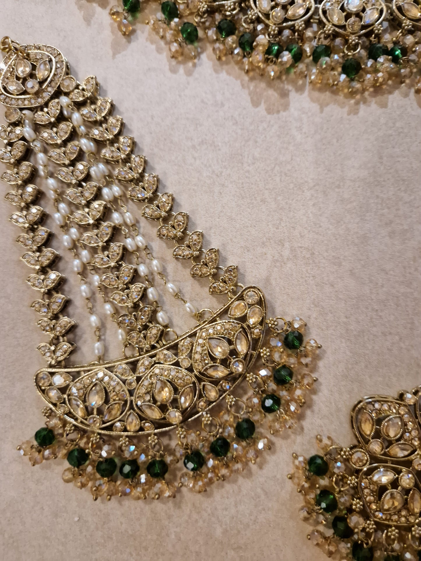 MARIA - Indian Choker Set-  Choker, Earrings, Tikka & Passa (Jhumar)- DARK GREEN