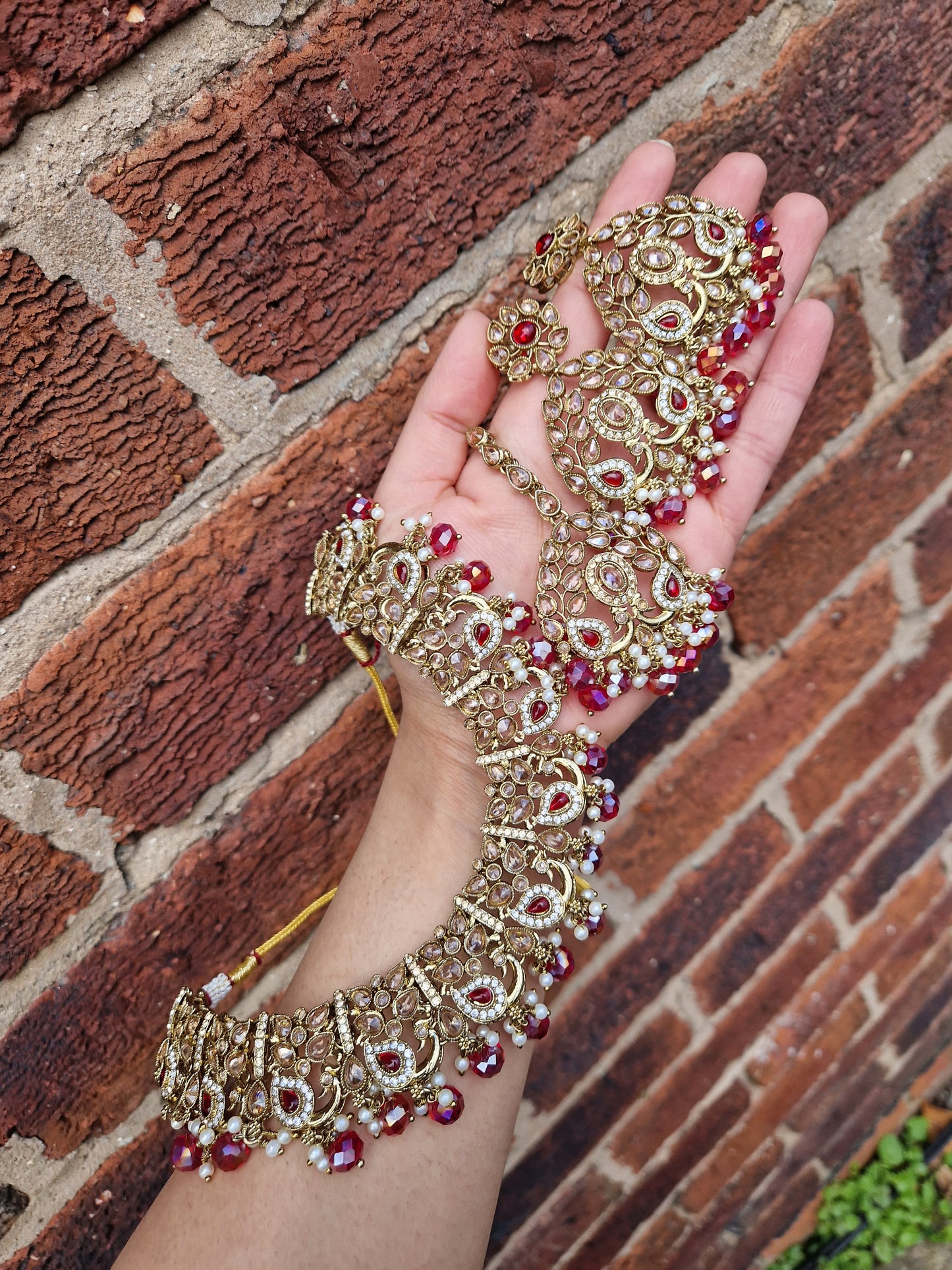 REEMA- Stunning Indian Reverse AD Jewellery Set- RED