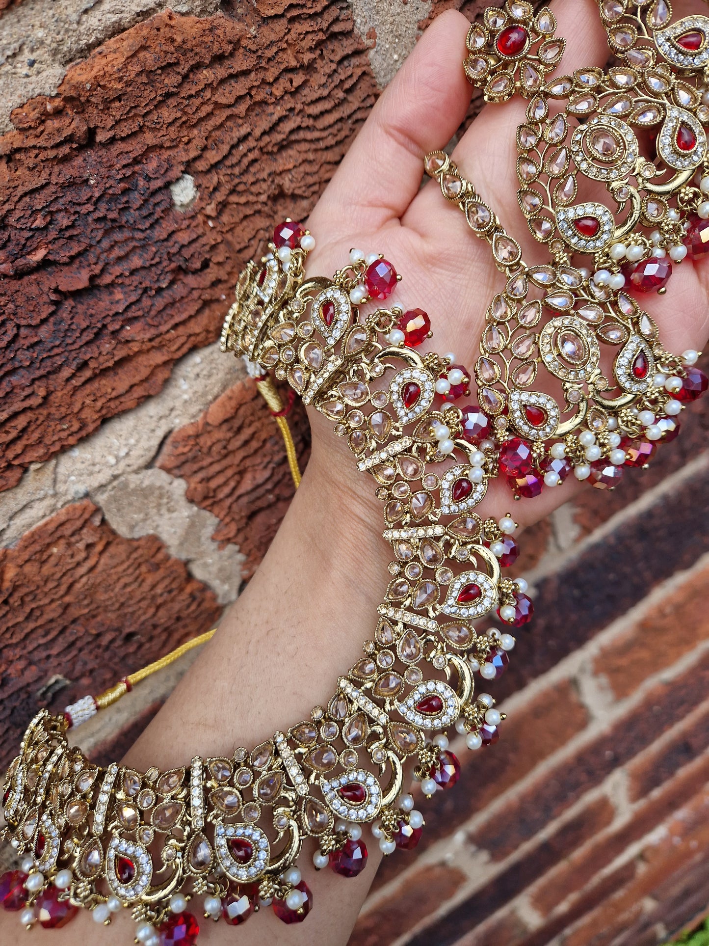 REEMA- Stunning Indian Reverse AD Jewellery Set- RED