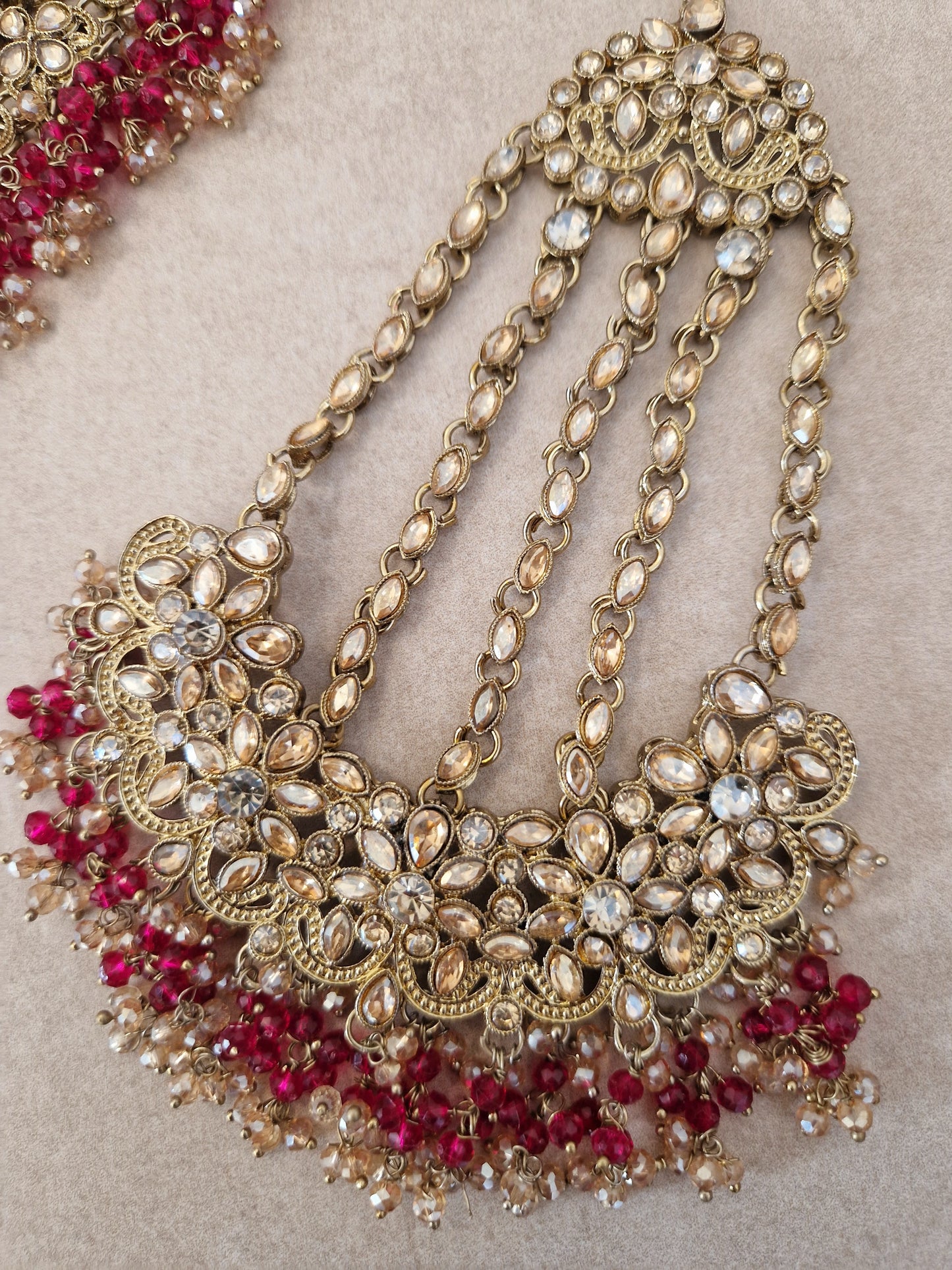 HAMARA- Beautiful Indian Party Wear Set. Necklace, Earrings, Tikka & Jhumar (Passa) - BOLD PINK